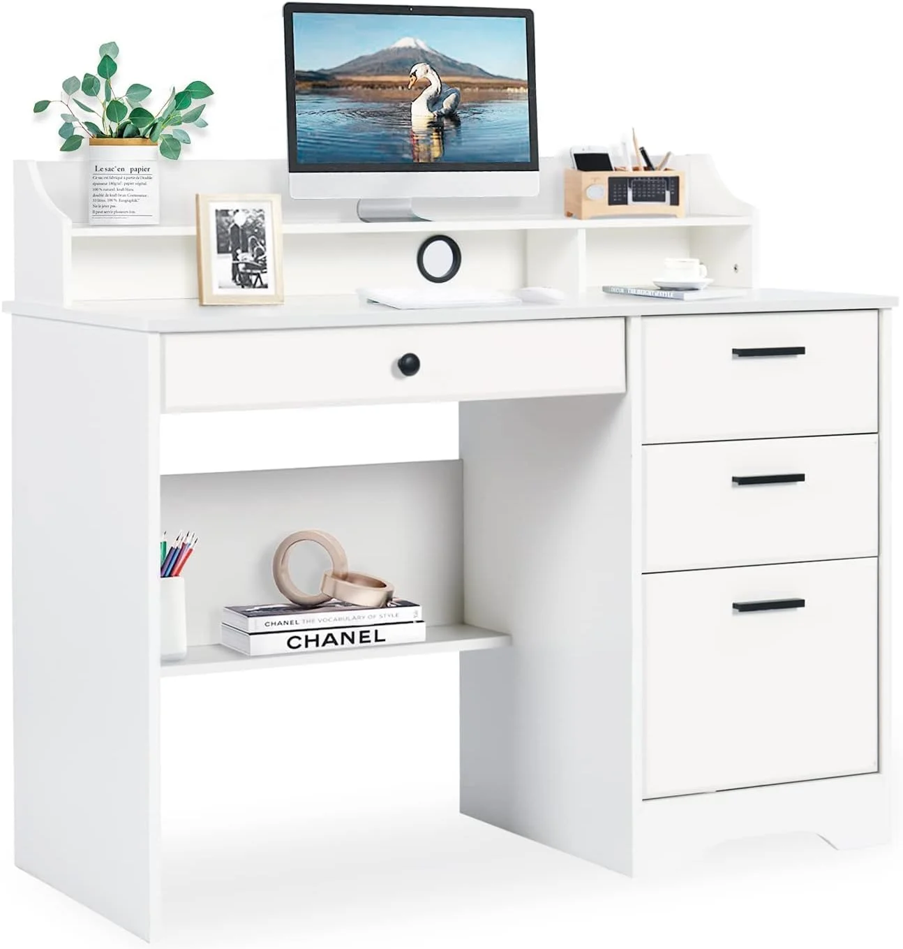 Computer Desk with Drawers, White Home Office Desk with Hutch, PC Desk Writing Table with Storage for Small Spaces, White