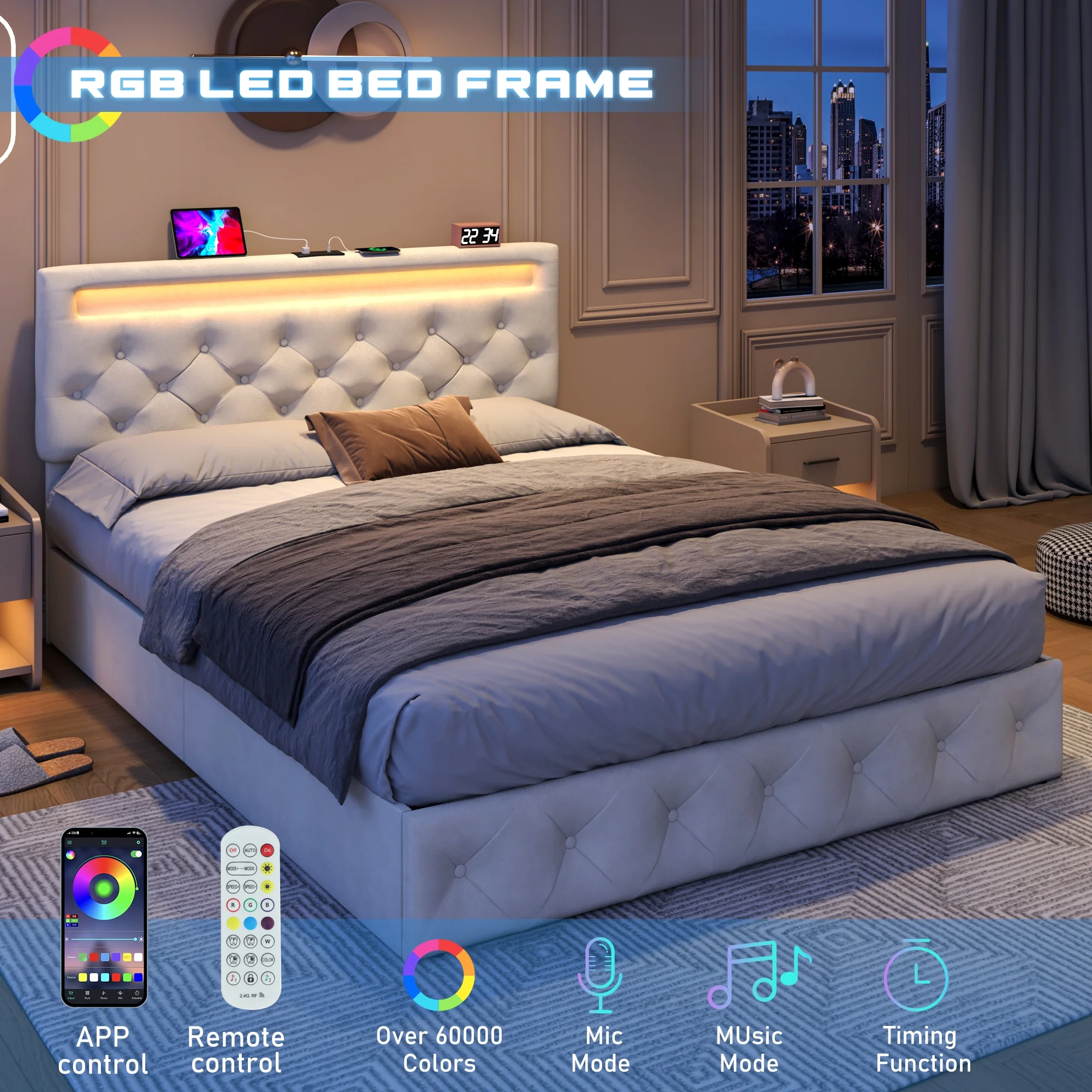 Queen Lift Up Storage Bed with LED Light & Power Station & Large Under Bed Storage, Velvet Upholstered Platform Bed Frame with Adjustable Headboard(Beige-Queen)