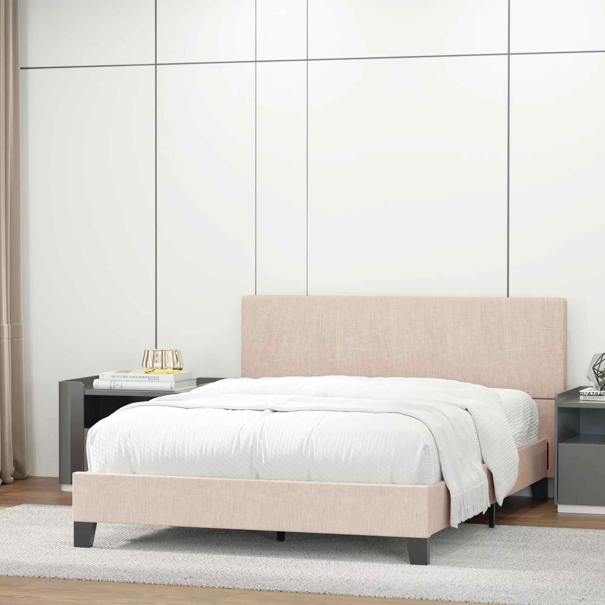 Williamspace Full Size Platform Bed Modern Metal Bed Frame with Fabric Headboard Frame with Wood Slat Support No Box Spring Needed,Beige