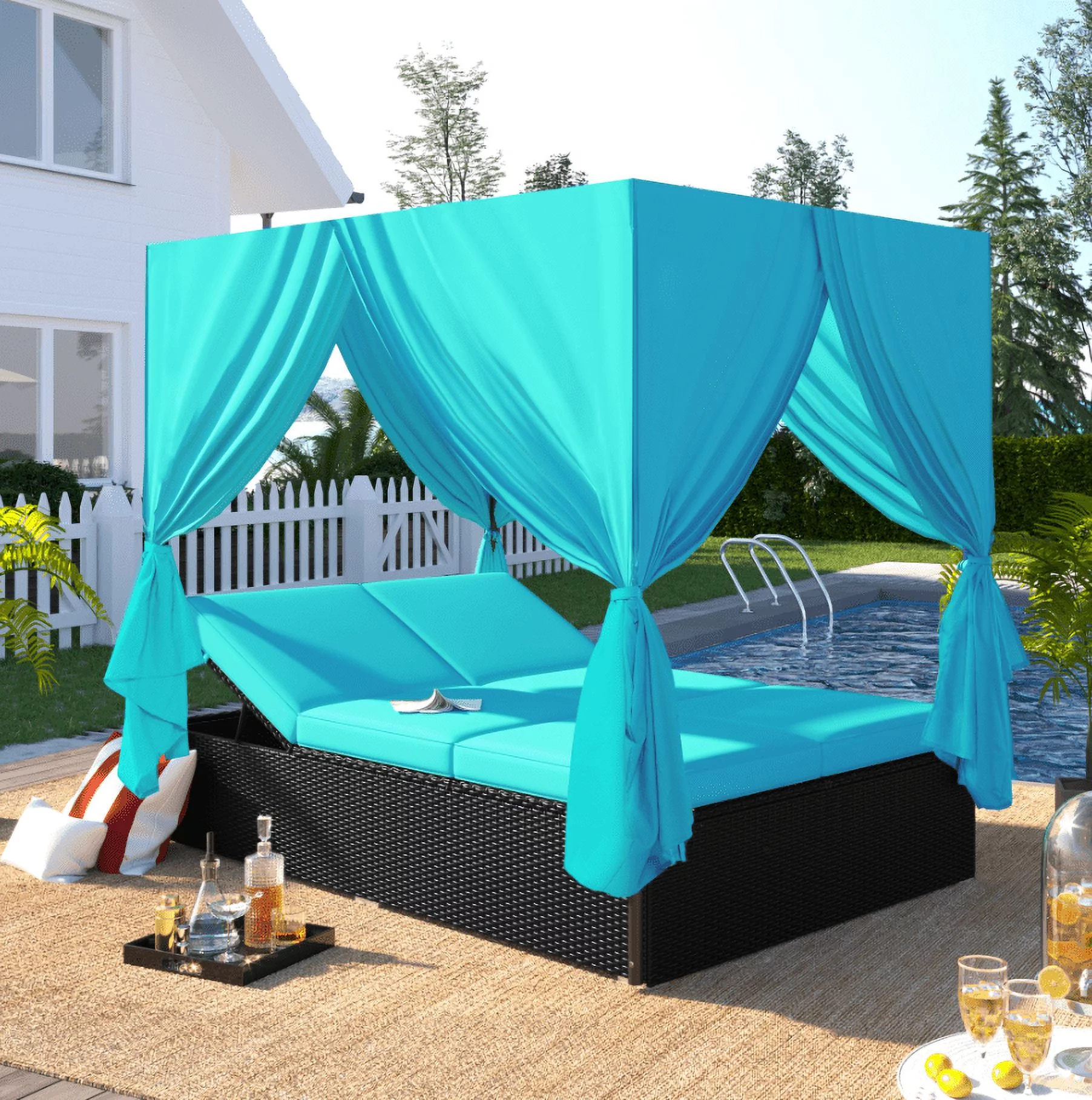 uhomepro Pool Furniture Outdoor Lawn Backyard Poolside Garden Rectangle Daybed, Outdoor Chaise Lounge with Canopy, Overhead Curtains, Cushions, Adjustable Seat, Blue