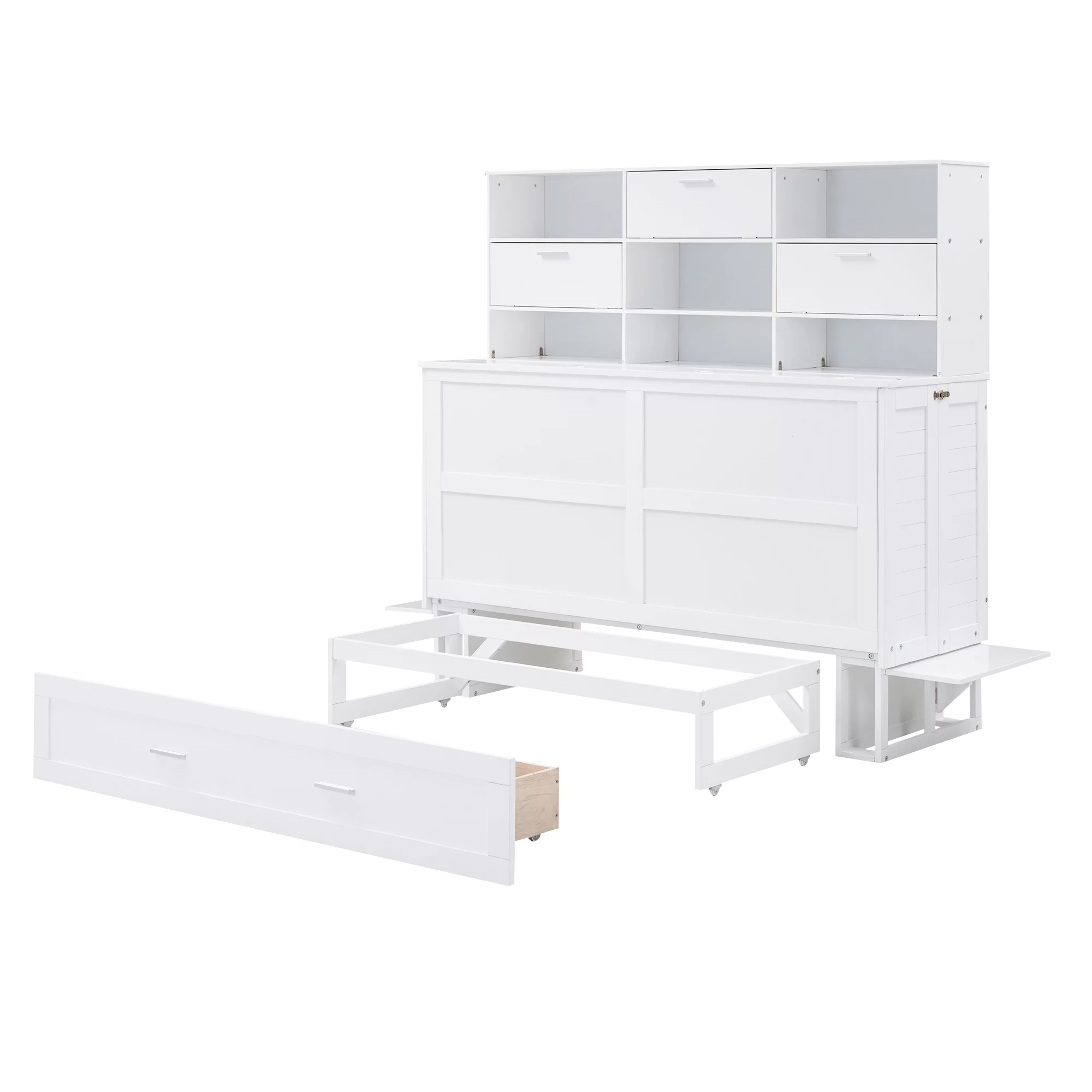 Euroco Queen Size Murphy Bed with Bookcase, Shelf and Drawer, Convertible into a Cabinet with Bookcase for Living Room, Space-Saving & Easy Open and Close, White