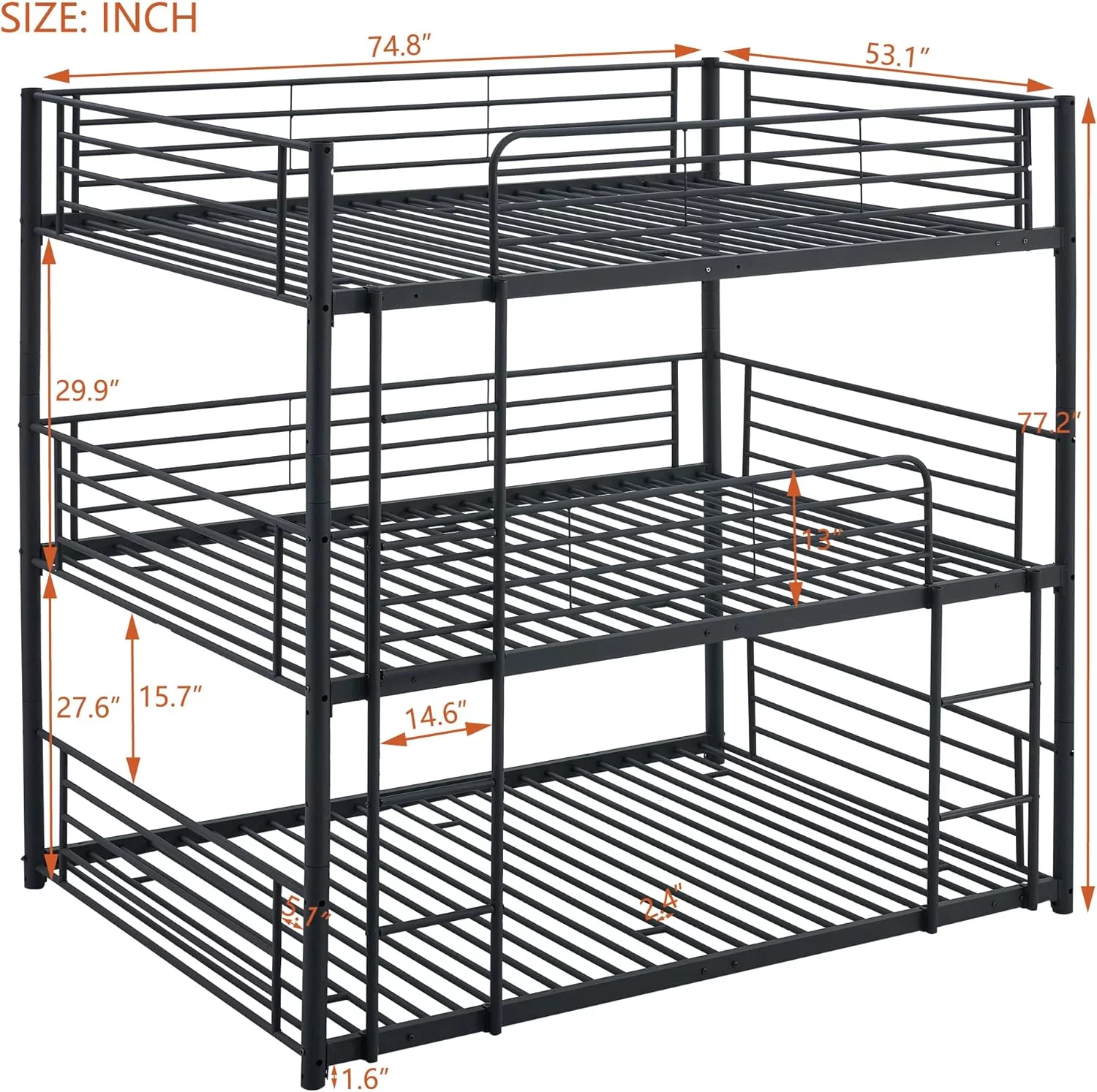 Tabaray Triple Beds Full-Full-Full Floor Bunk Bed with 2 Convertible Ladders and Iron Slats, Steel Bedframe with Guardrails for Teens Adults Boys Girls (Grey)