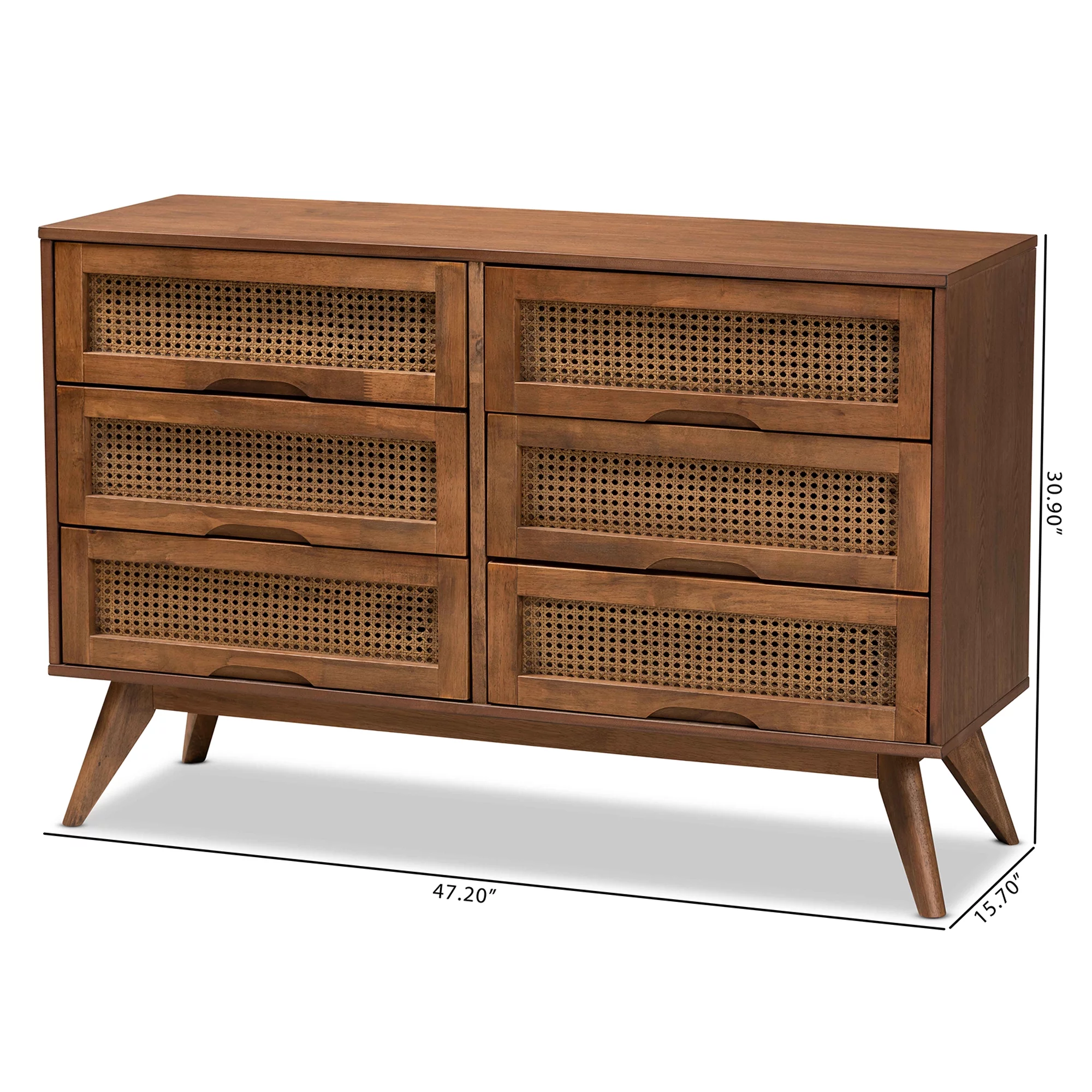 Baxton Studio Barrett Mid-Century Modern Walnut Brown Finished Wood and Synthetic Rattan 6-Drawer Dresser