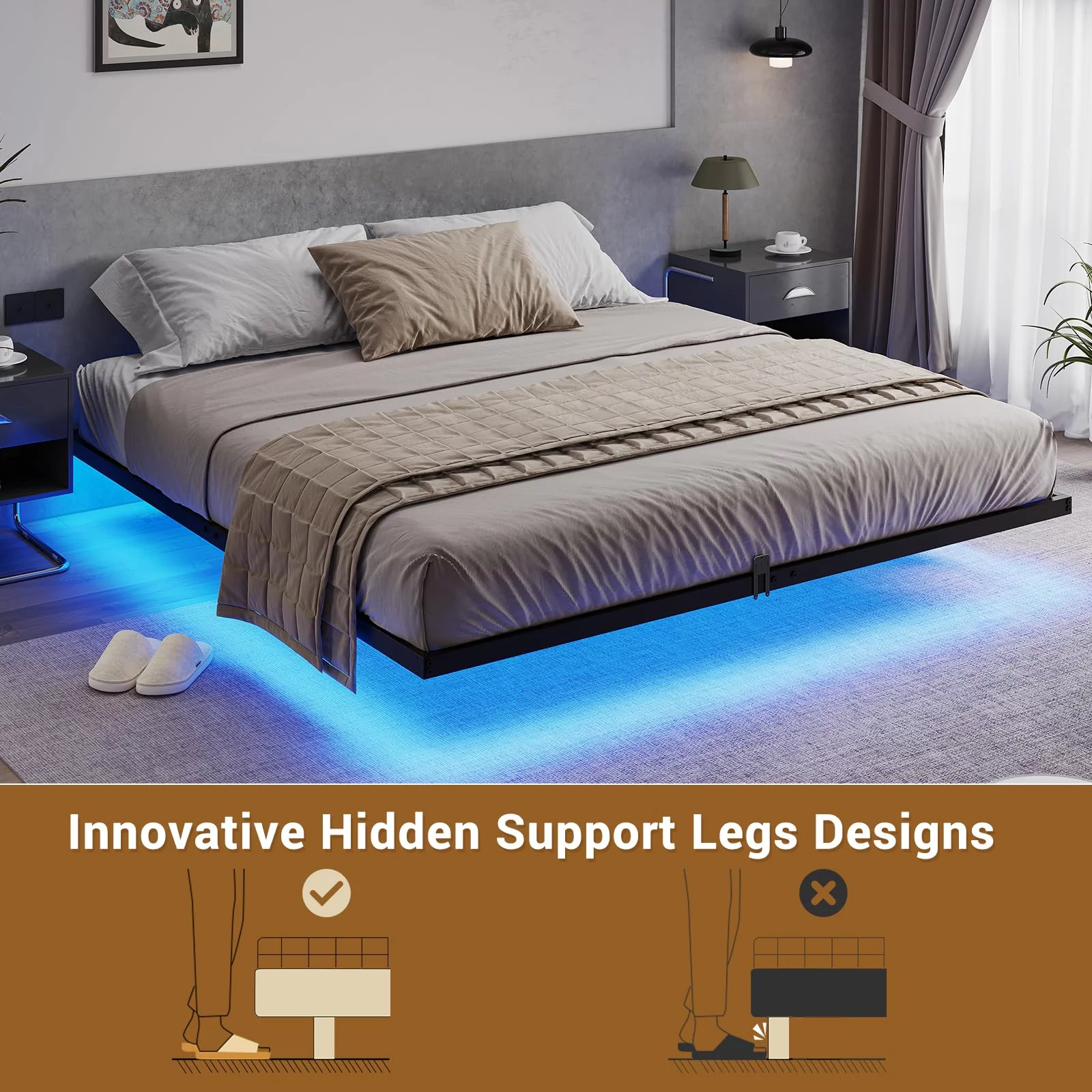 Metal Floating Bed Frame Queen Size Metal Platform Bed Frame with LED Lights,No Box Spring Needed