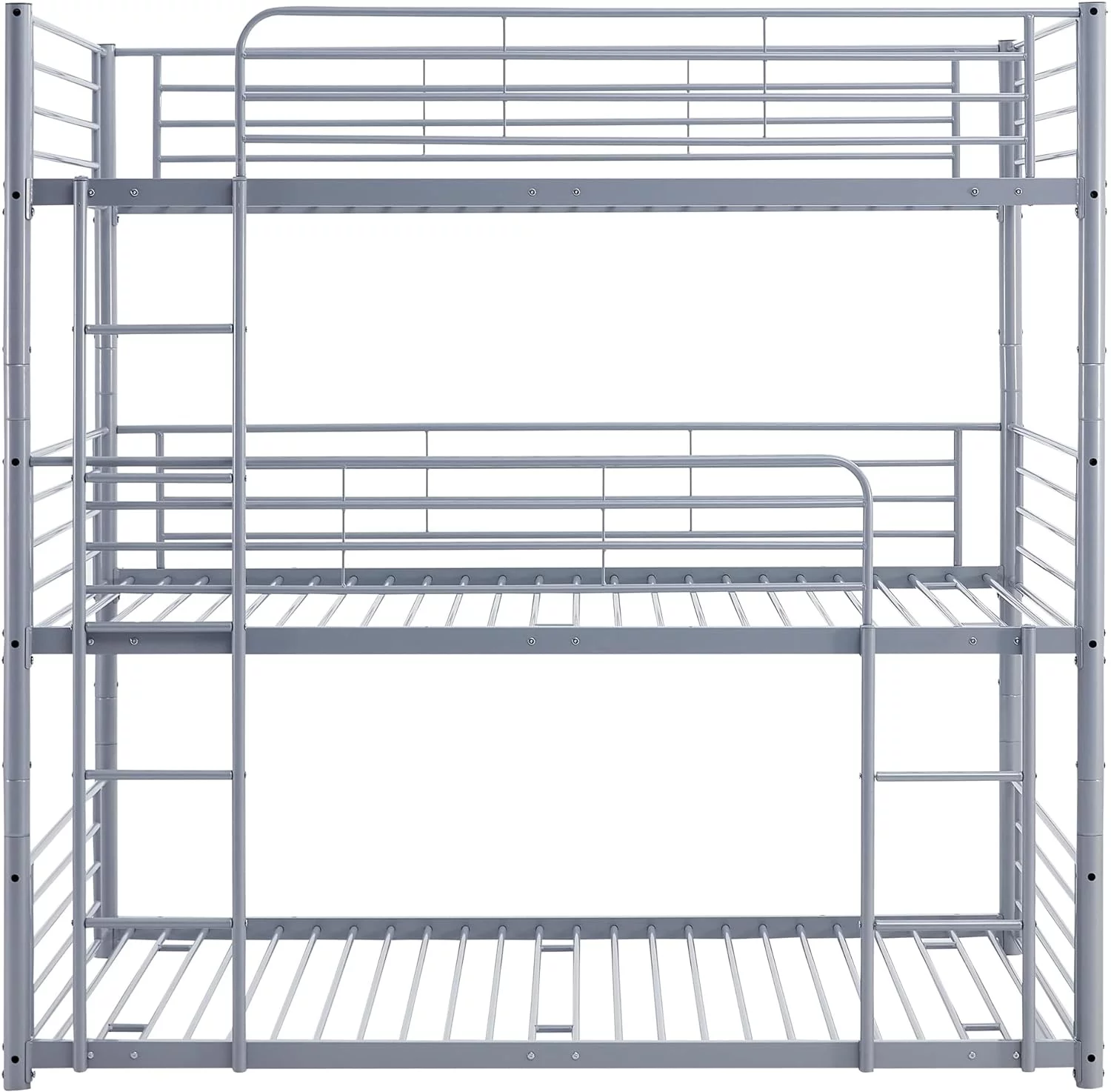 Tabaray Triple Beds Full-Full-Full Floor Bunk Bed with 2 Convertible Ladders and Iron Slats, Steel Bedframe with Guardrails for Teens Adults Boys Girls (Grey)