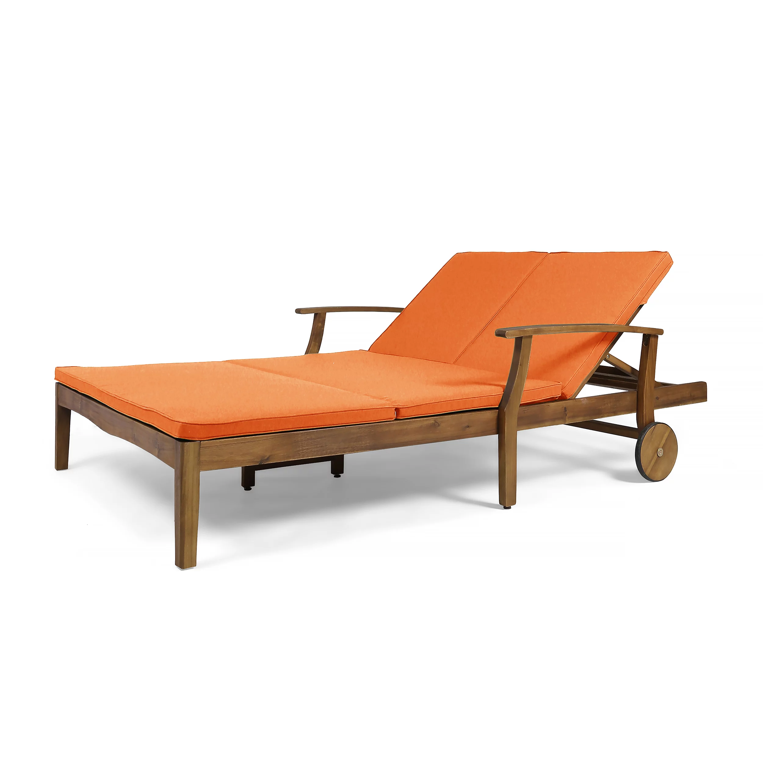 Danielle Outdoor Acacia Wood Double Chaise Lounge with Cushion, Teak, Orange