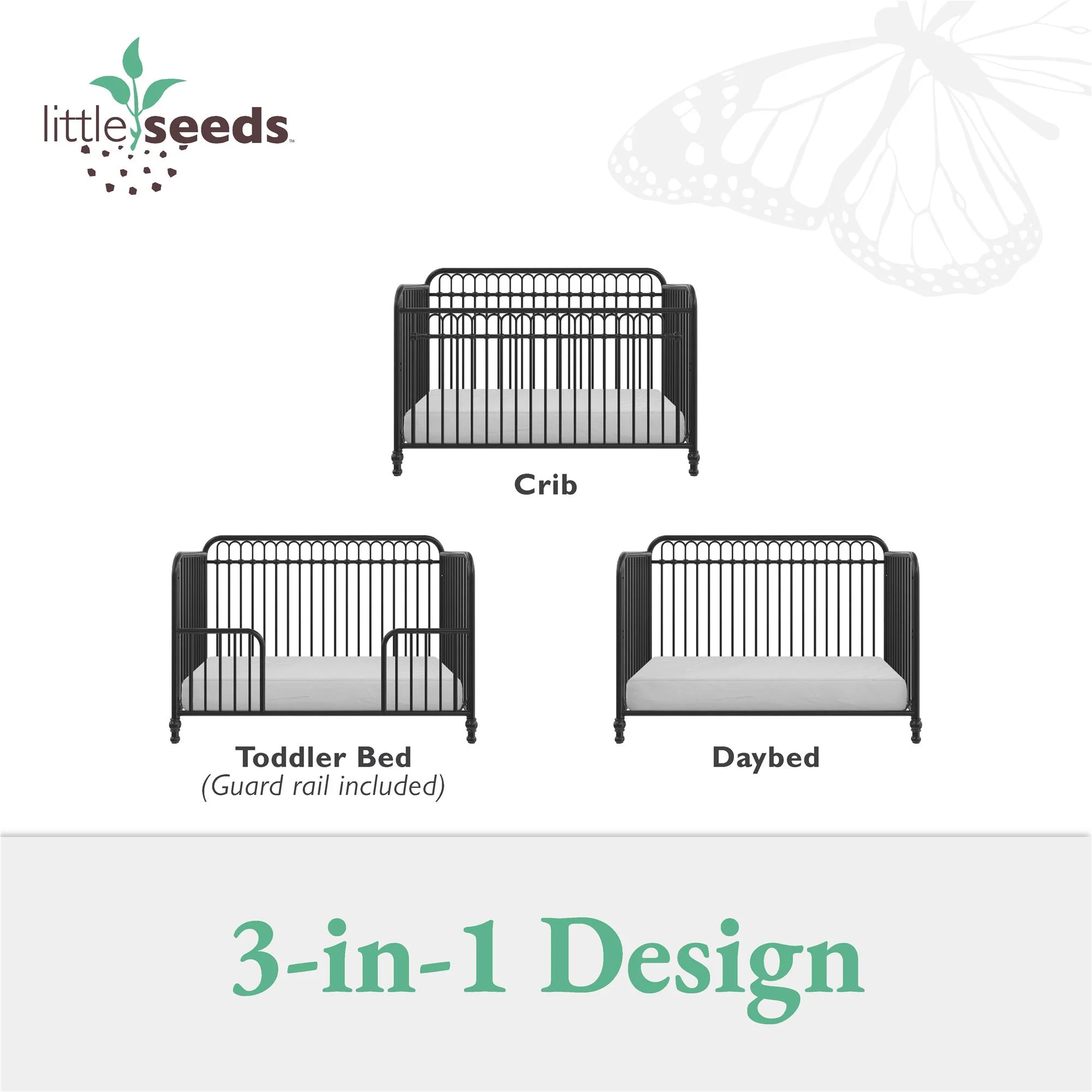 Little Seeds Raven 3-in-1 Convertible Metal Crib, Nursery Furniture, Black