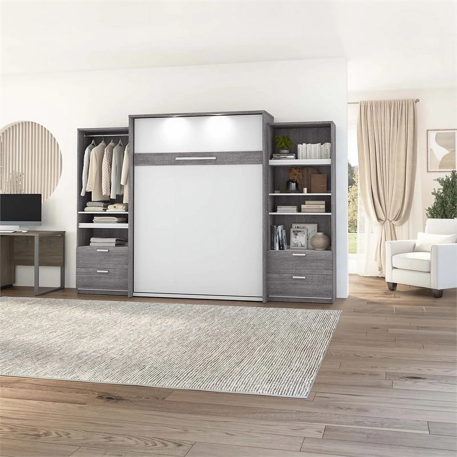 Atlin Designs Wood Queen Murphy Bed with Closet Organizers in Gray/White