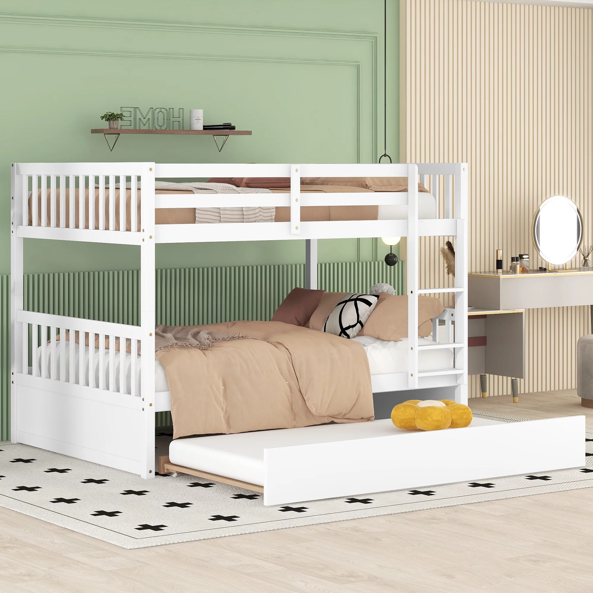 Bellemave Full Over Full Bunk Bed with Trundle,Wooden Trundle Bed Frame with Ladder,Convertible to 2 Platform Beds for Kids Teens Adults(White)