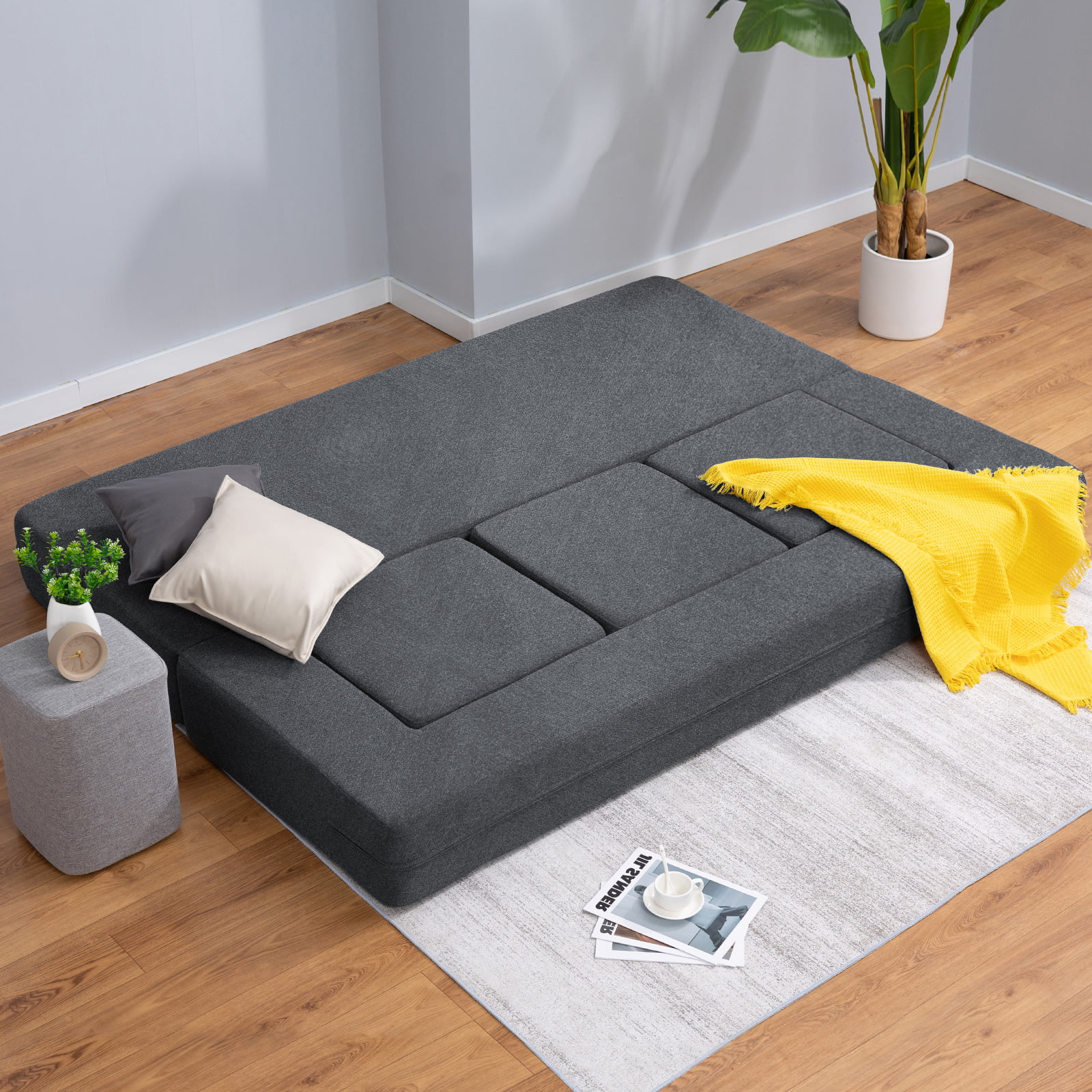 BALUS Folding Bed Couch, Sleeper Foam Sofa Bed, Cushioned Foam Mattress Comfortable Sofa, Floor Couch Sleeper Sofa Foam with 3 Ottomans for Living Room/Bedroom/Guest Room/Home Office (Dark Grey)