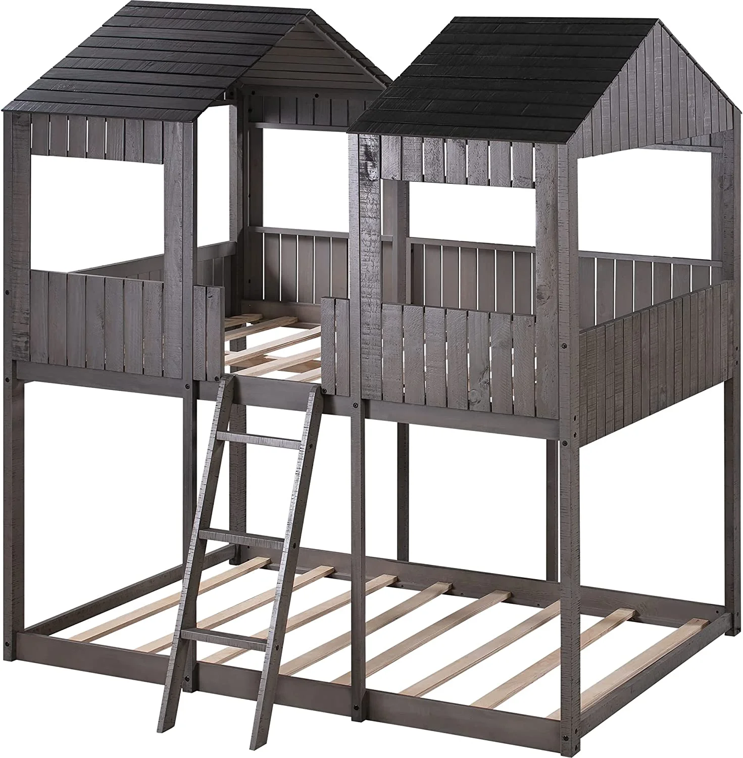 House Bed For Kids,Full Over Full House Bunk Bed With Roof, Window, Wood Full Size House Bed For Toddler, Teens, Girls, Boys,No Box Spring Needed,Antique Gray