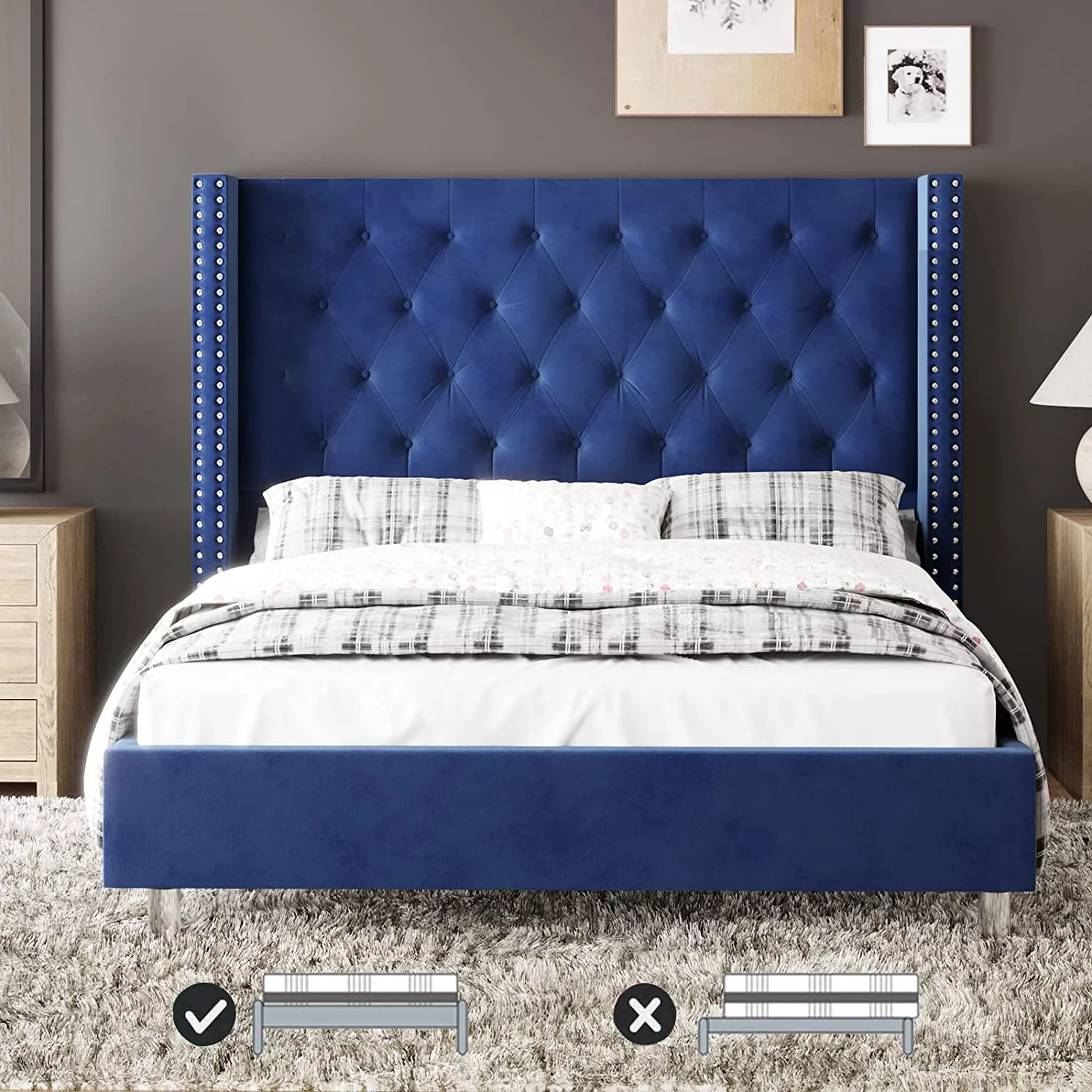 Bed Frame King Size Velvet Tufted Upholstered Bed Low Profile Platform Bed Raised Wingback Headboard/Wood Slats Support/No Box Spring Needed/Easy Assembly/Cream