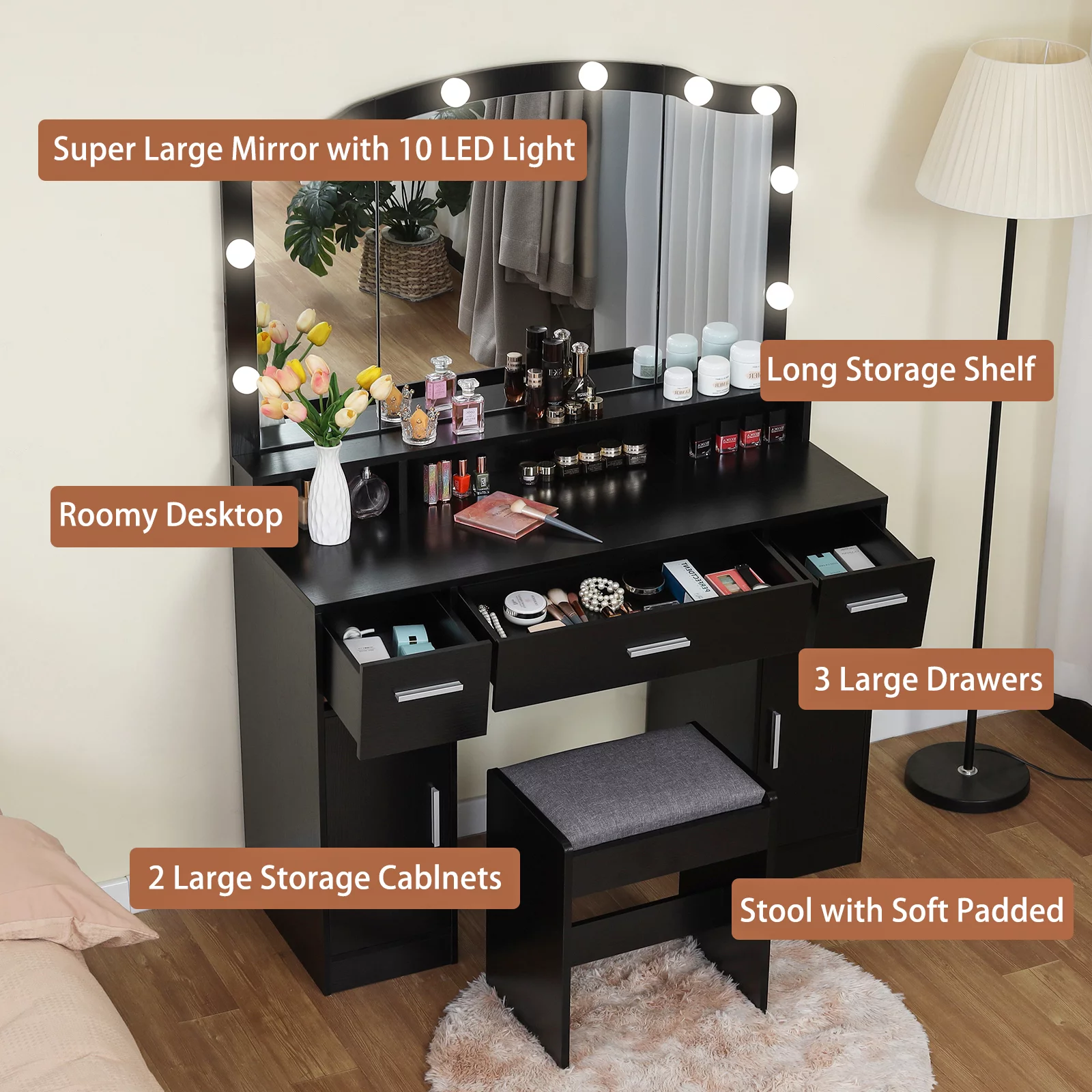 USIKEY Large Vanity Set with Large Lighted Mirror, Modern Makeup Vanity Table with 3 Drawers, 2 Storage Cabinets & 10 LED Bulbs, BlackYSZT32HD