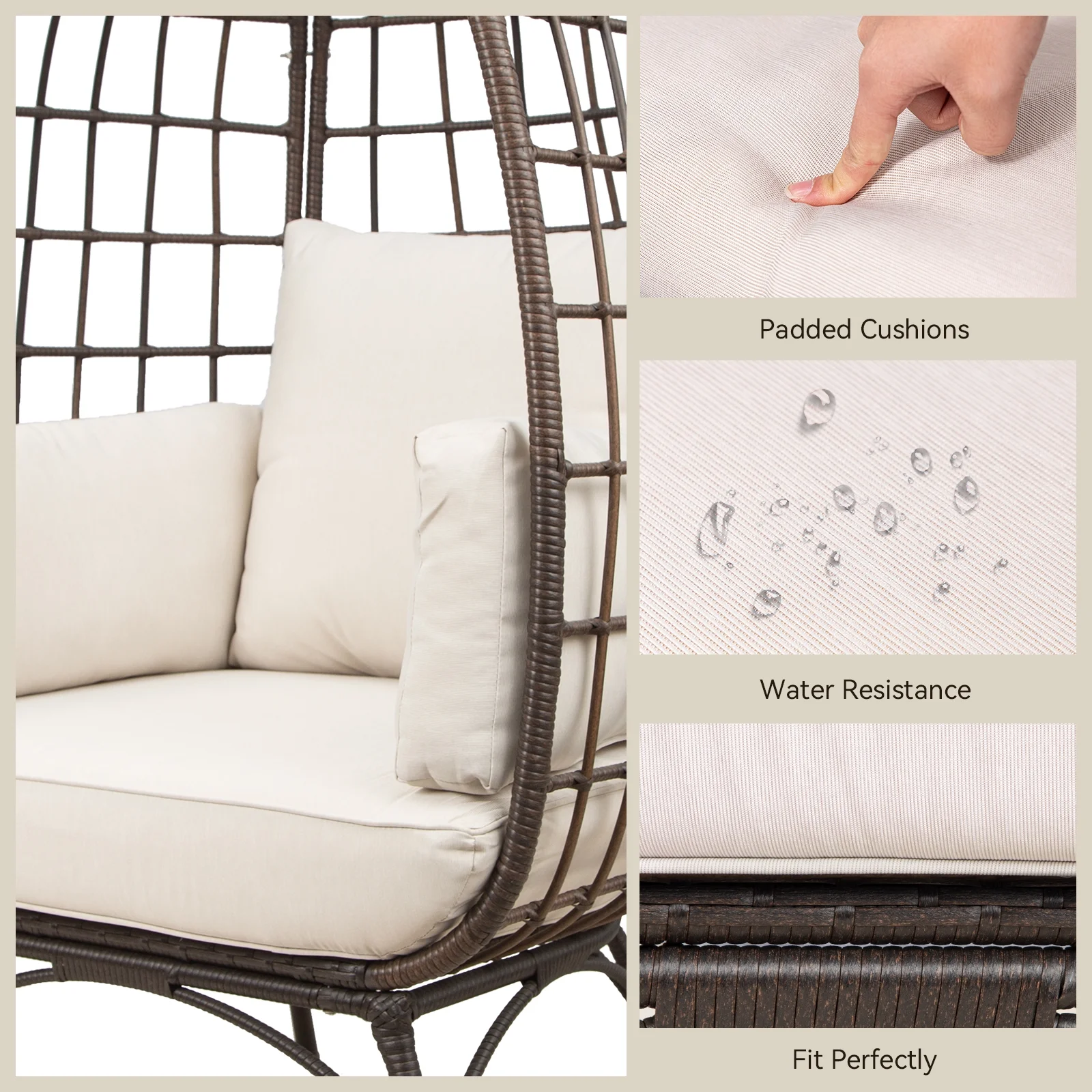 MeetLeisure Patio Brown Wicker Indoor/Outdoor Egg Lounge Chair with Beige Cushions