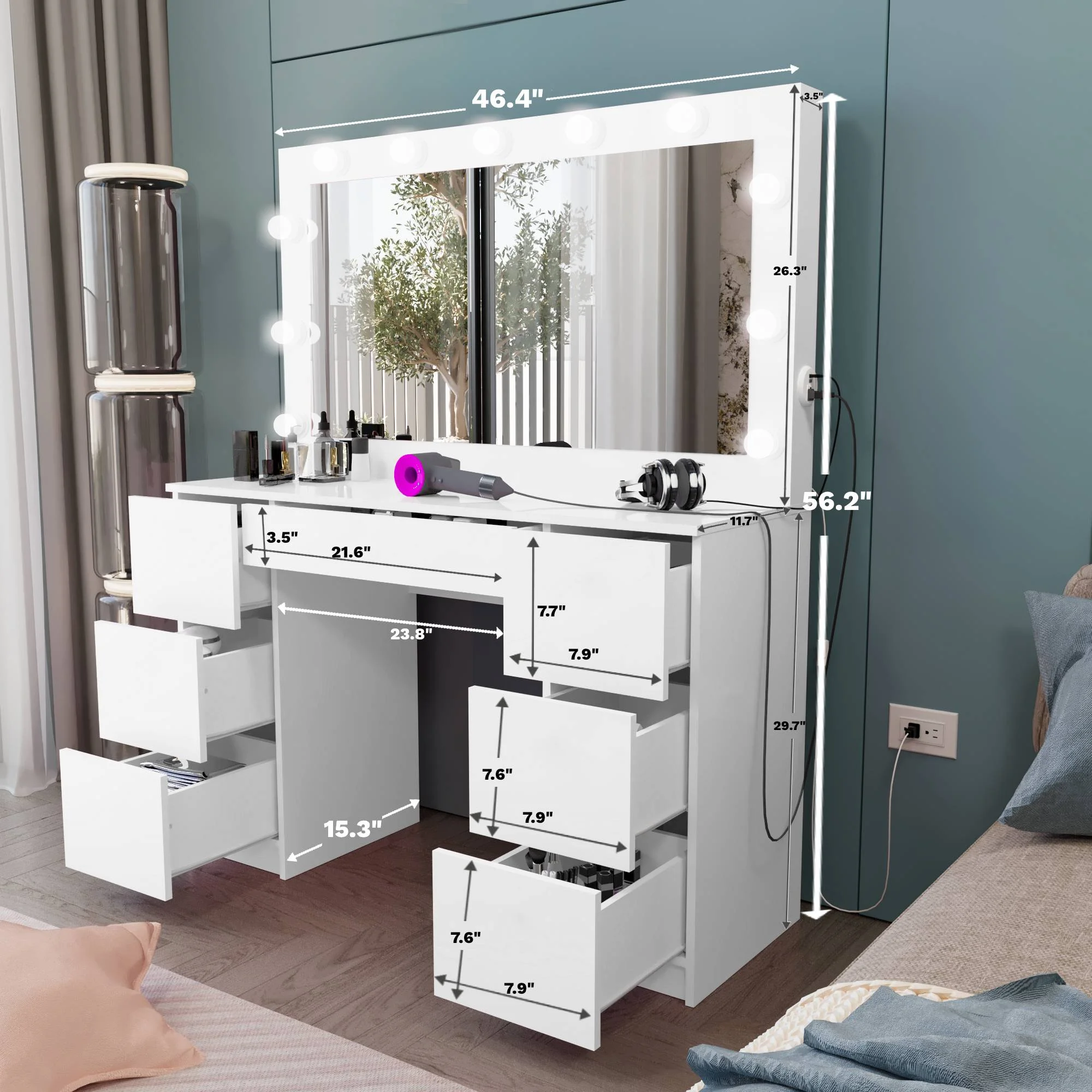 Boahaus Freya Modern Makeup Vanity with Lights, White Vanity Table for Bedroom