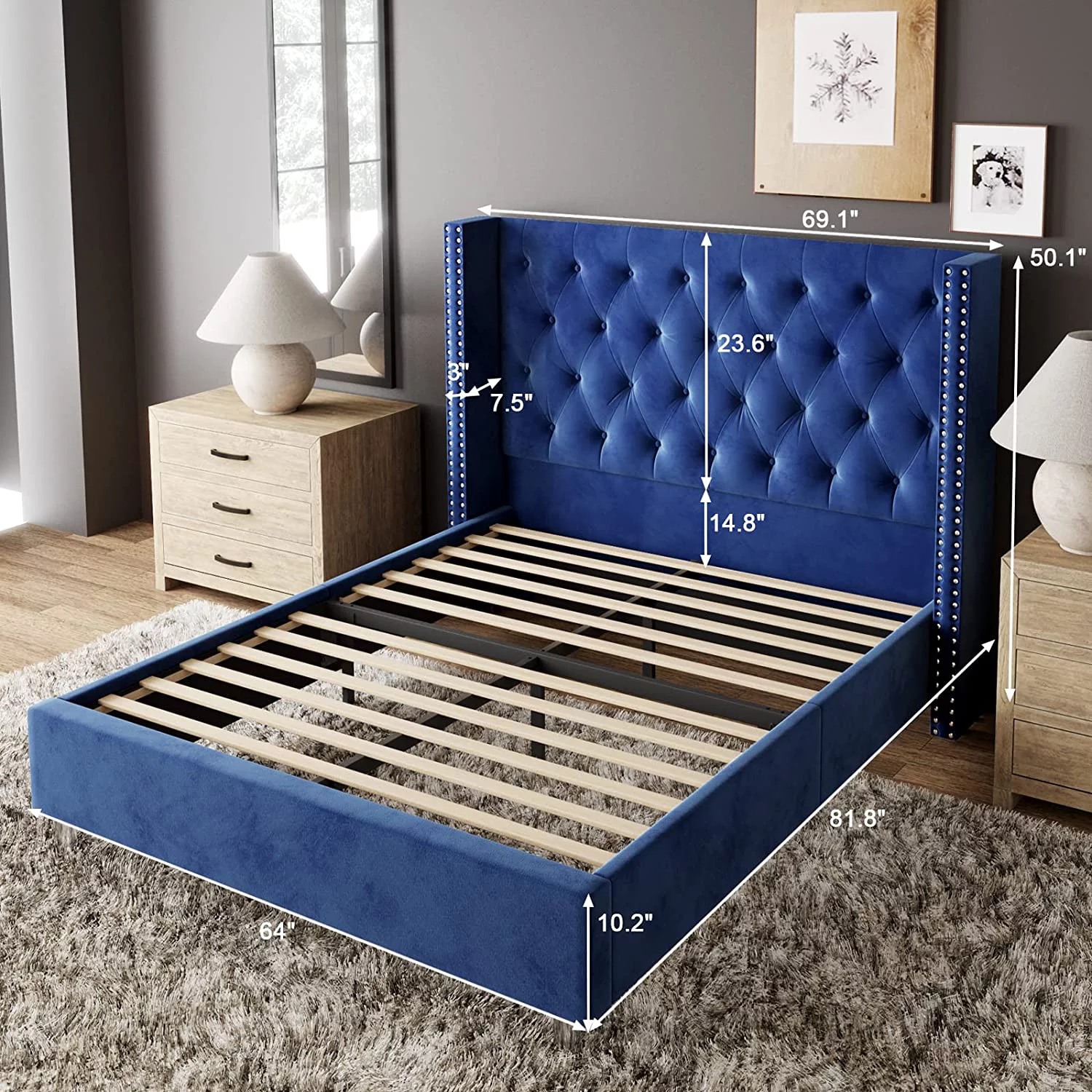 Bed Frame King Size Velvet Tufted Upholstered Bed Low Profile Platform Bed Raised Wingback Headboard/Wood Slats Support/No Box Spring Needed/Easy Assembly/Cream