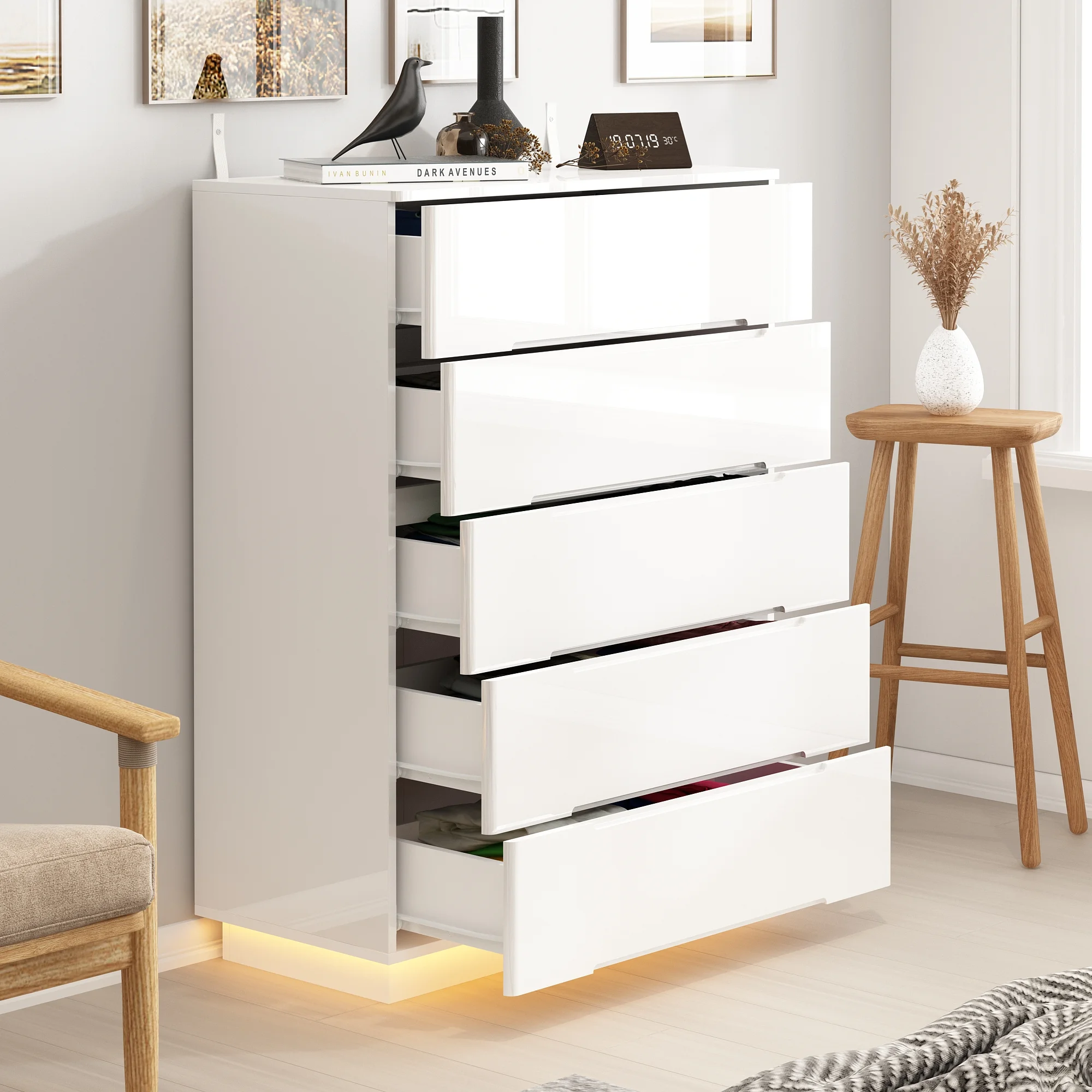 OXYLIFE 5 Drawer Dresser Chest with LED Light for Bedroom and Living Room, White Glossy Finish