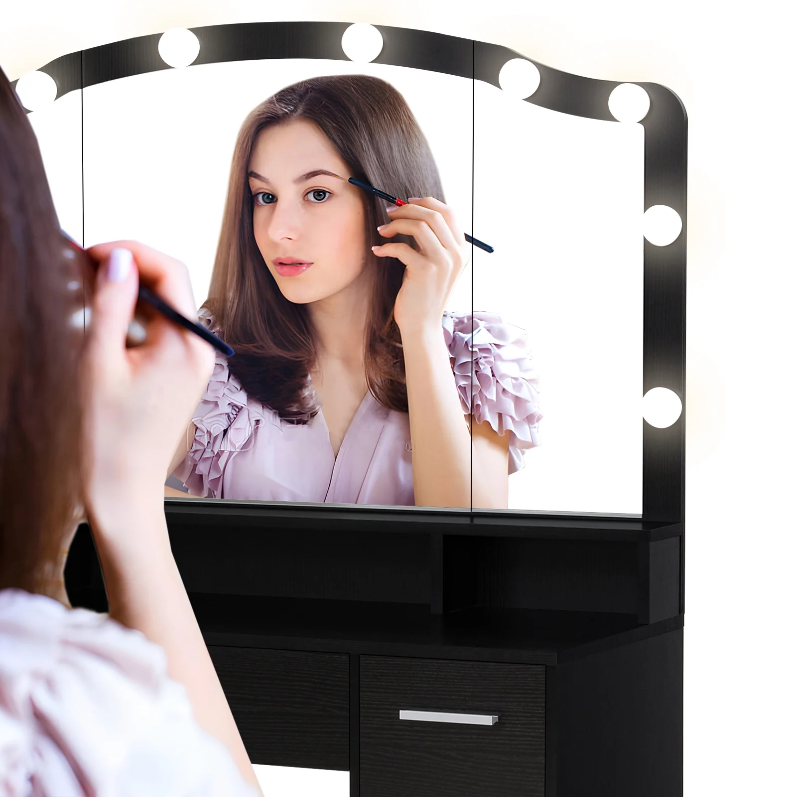 USIKEY Large Vanity Set with Large Lighted Mirror, Modern Makeup Vanity Table with 3 Drawers, 2 Storage Cabinets & 10 LED Bulbs, BlackYSZT32HD