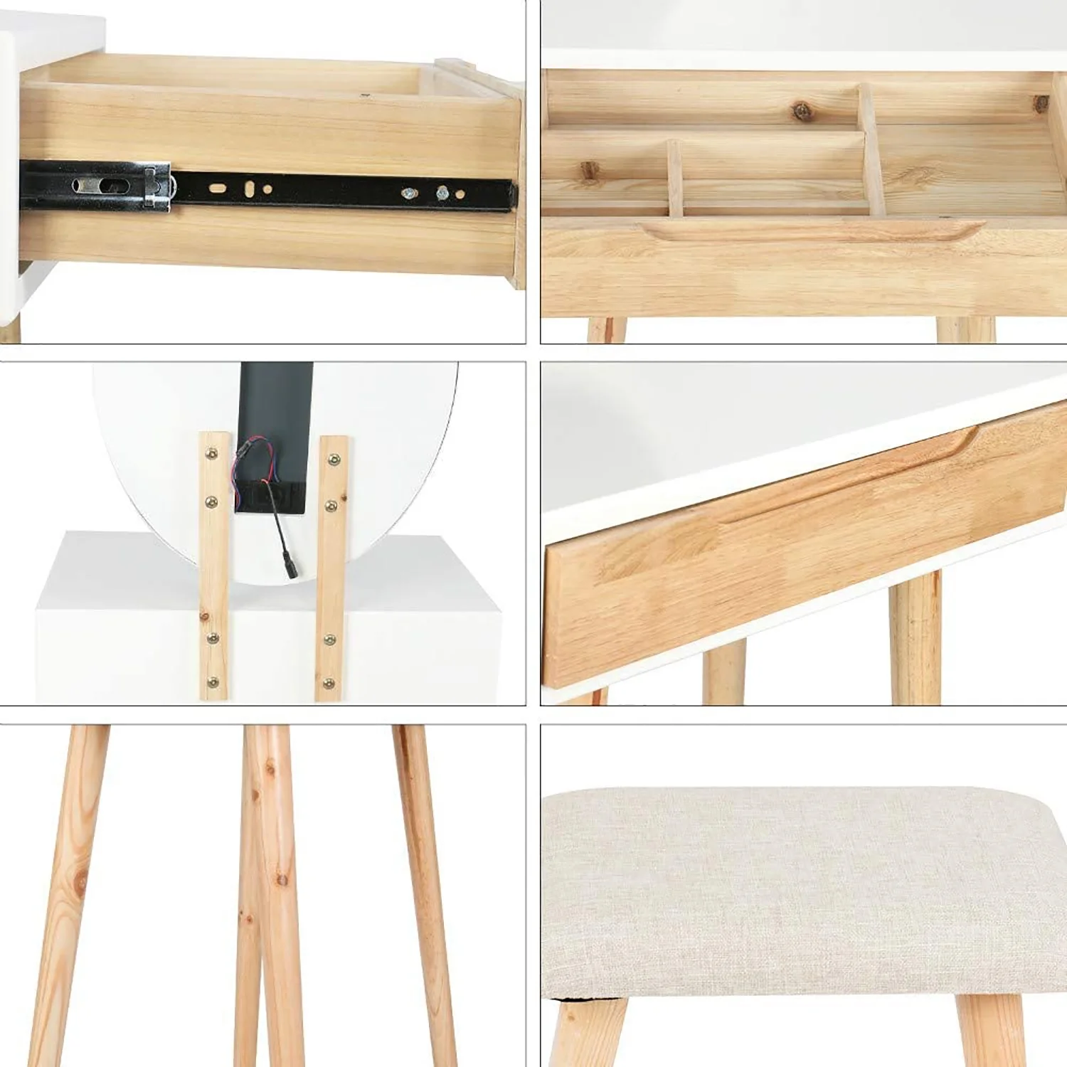 ELEWISH Makeup Vanity Table Set with 3 Modes Adjustable Lighted Mirror Cushioned Stool, Dressing Table for Small Space with Free Make-up Organizer (White+Wood)
