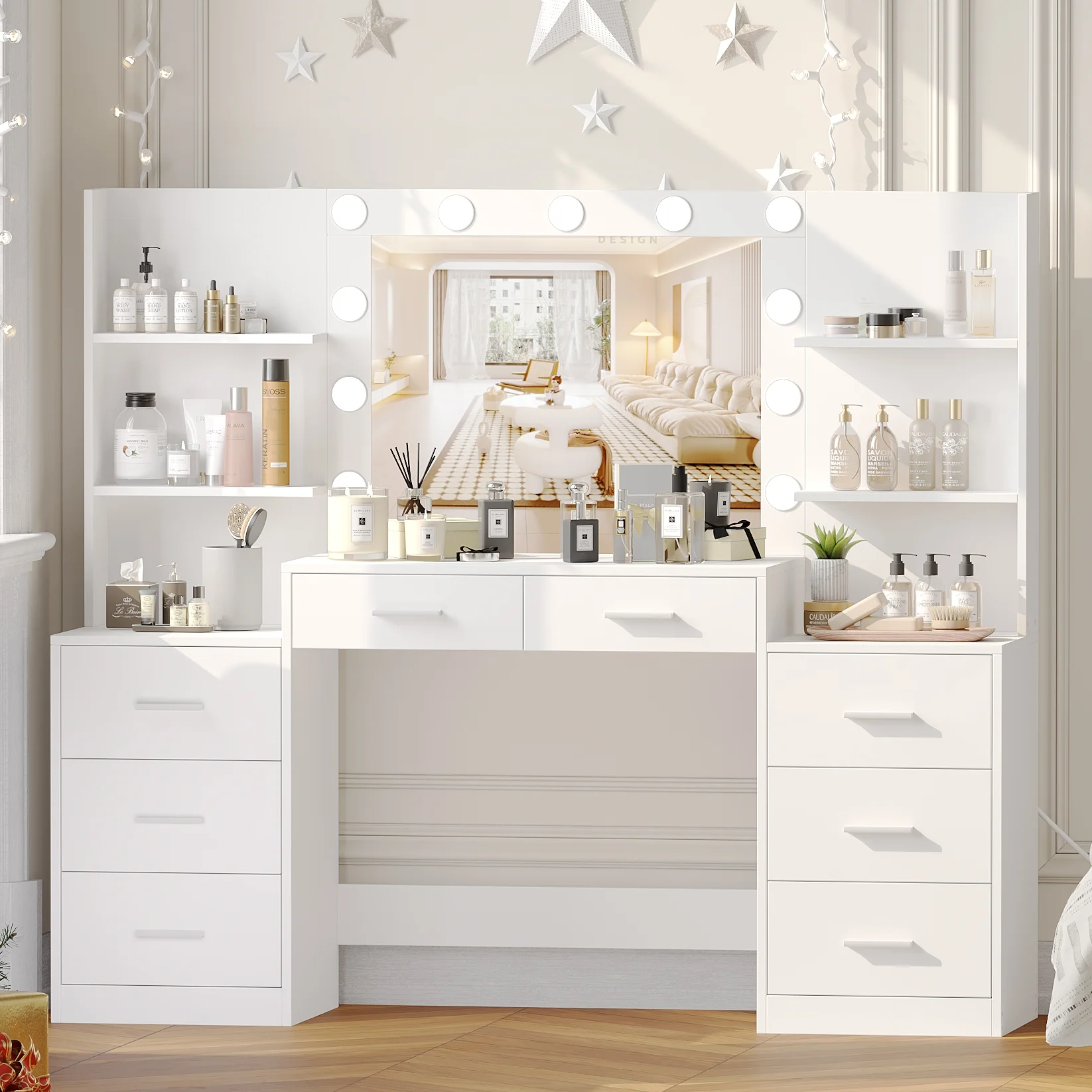 Vanity Desk with Mirror and 3-Mode Lights, Makeup Vanity with 8 Drawer for Women, Girls