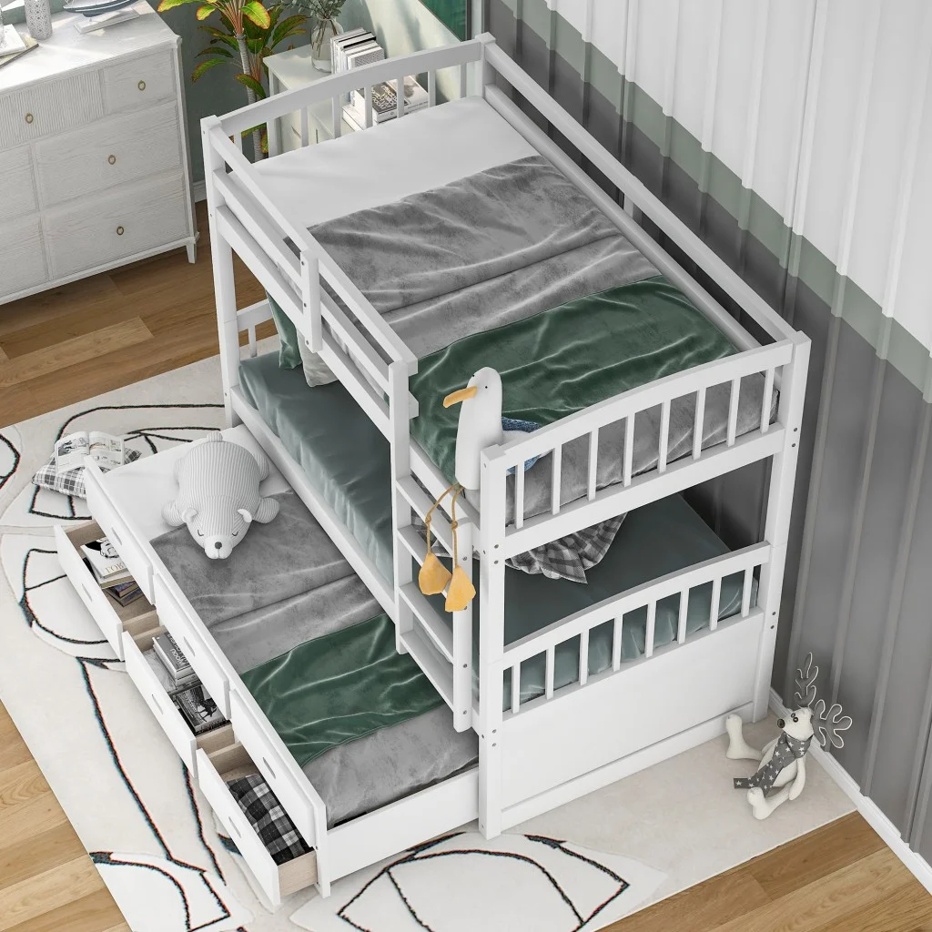HomeRoots 403998 White Bunk Bed with Trundle & Drawers - Twin Size