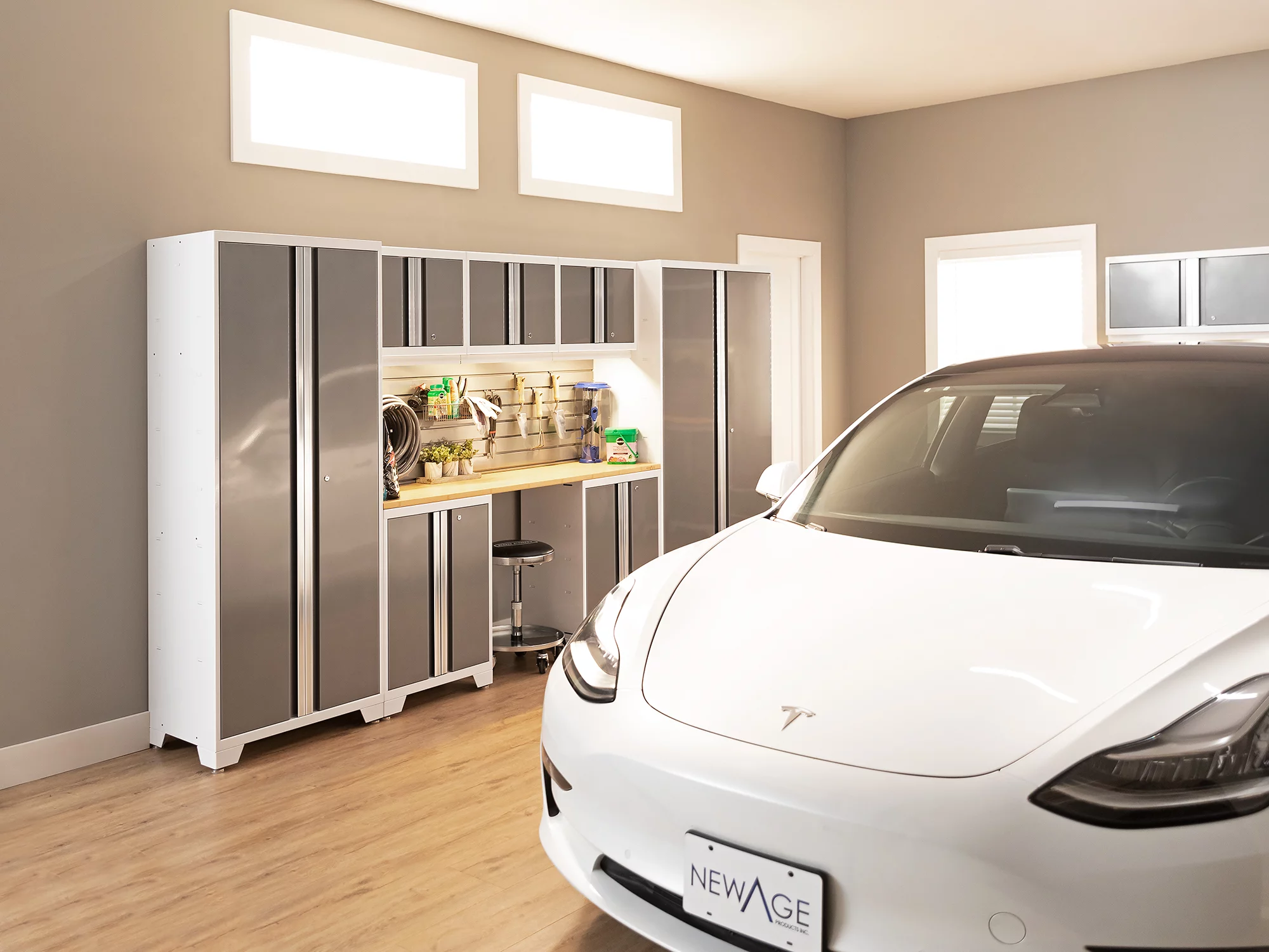 NewAge Products Bold Series Platinum 8 Piece Cabinet Set, Heavy Duty 24-Gauge Steel Garage Storage System, LED Lights Included