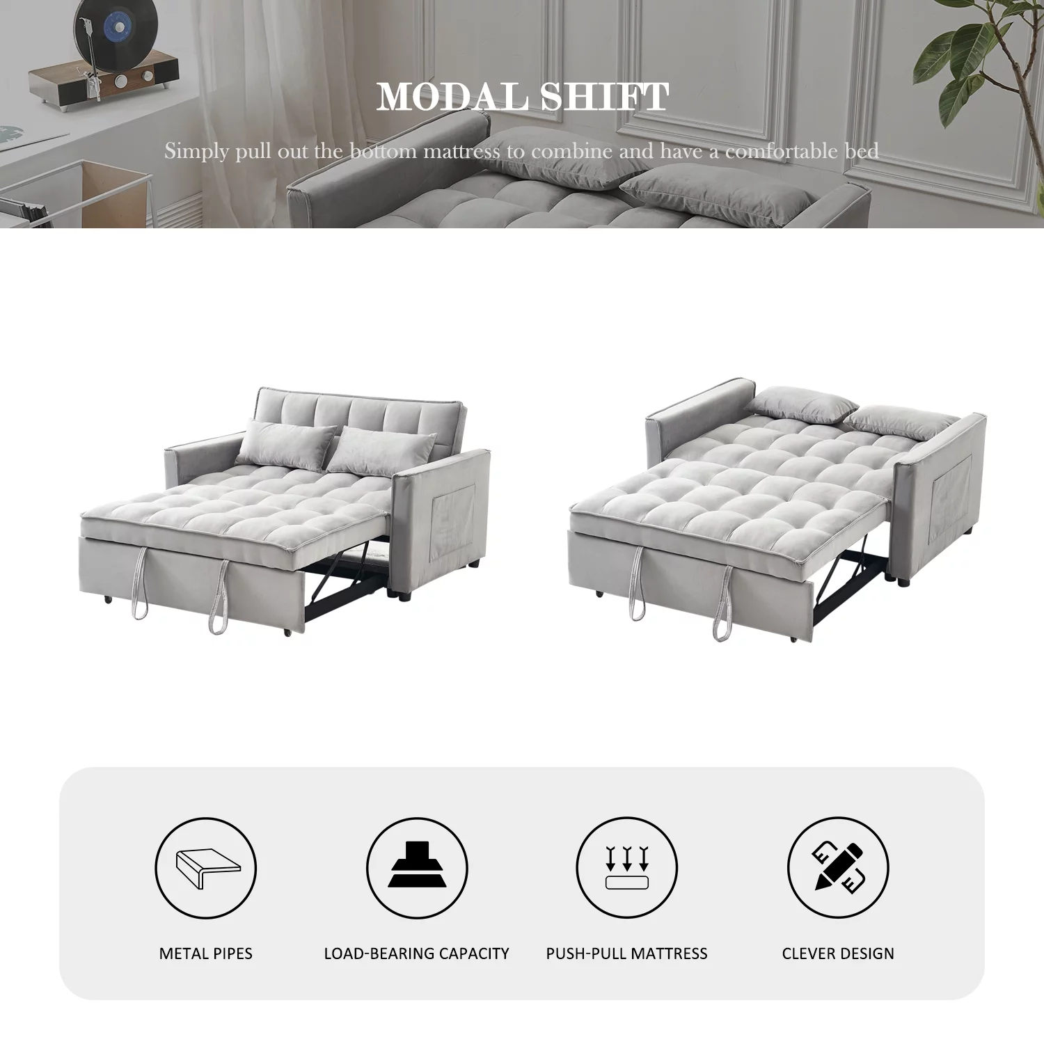 Tzicr 55.5'' 3-in-1 Convertible Sleeper Sofa Bed, Modern Velvet Loveseat Futon Couch Pullout Bed with Adjustable Backrest, Side Storage Pockets and Pillows. (Grey)