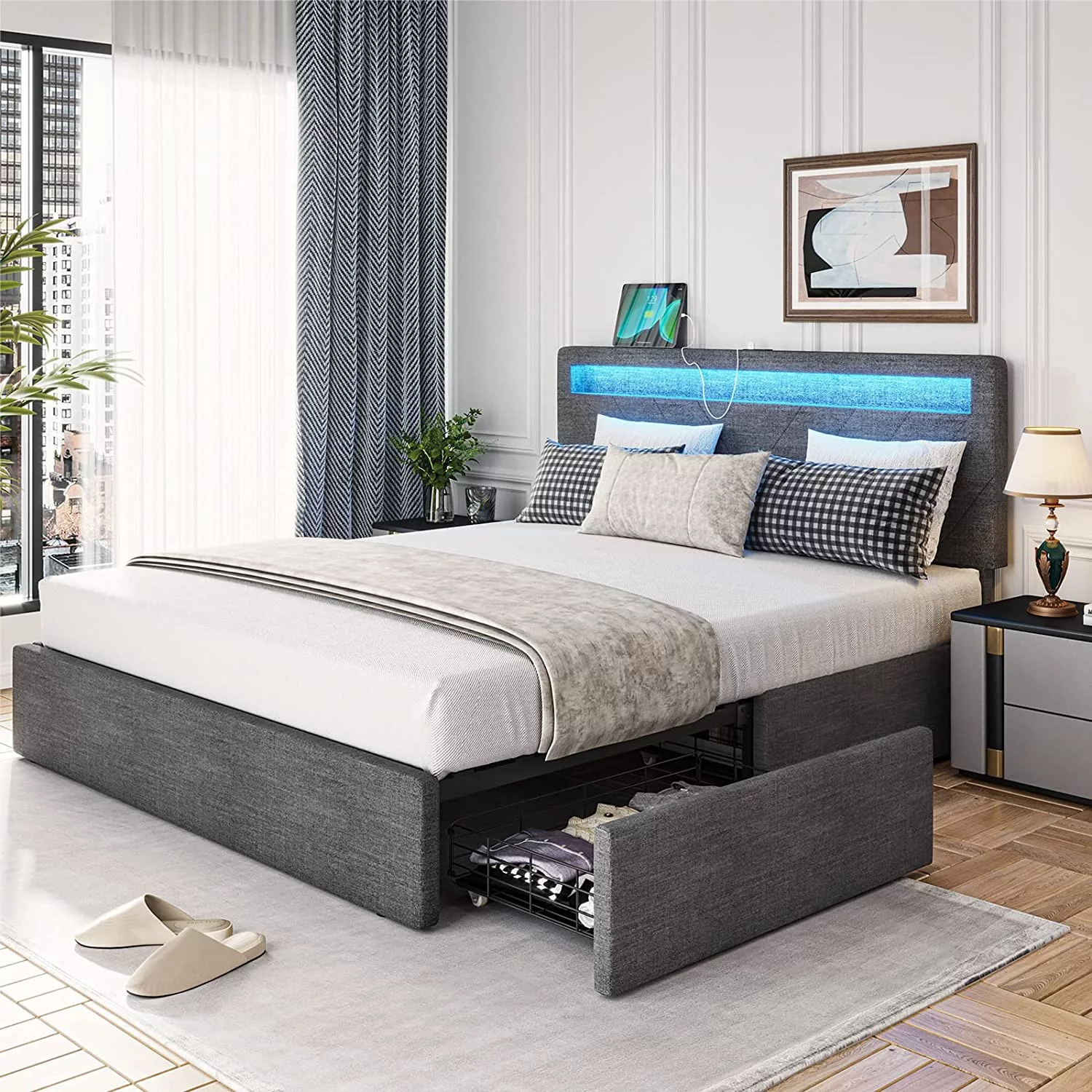 Afuhokles Queen Bed Frame with LED Lights Headboard, 4 Drawers,2 USB Charging Station, Upholstered Platform Bed, Dark Gray