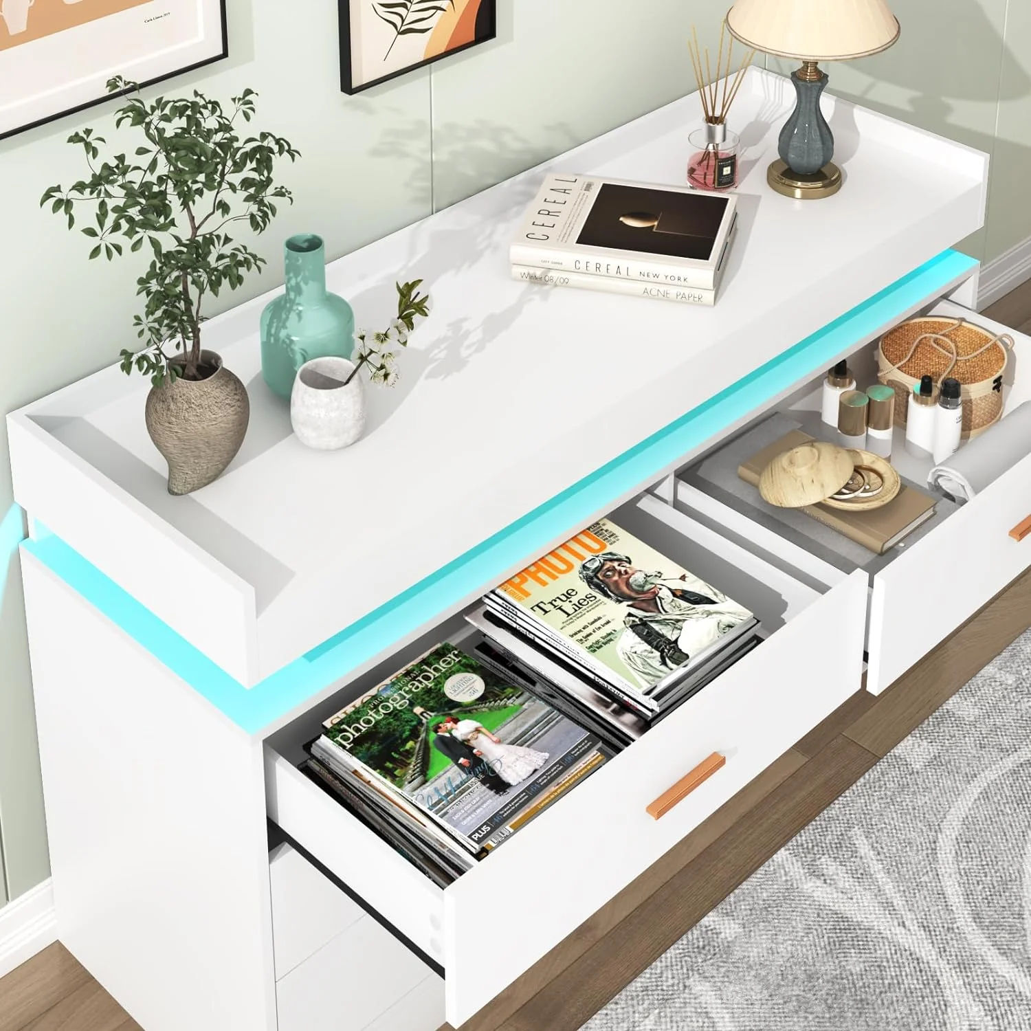 ChVans White Dresser with LED Light, Modern Wood Dresser with Wide Drawers and Metal Handles, 6 drawer dresser for Bedroom, Living Room, Entryway, Hallway(White)