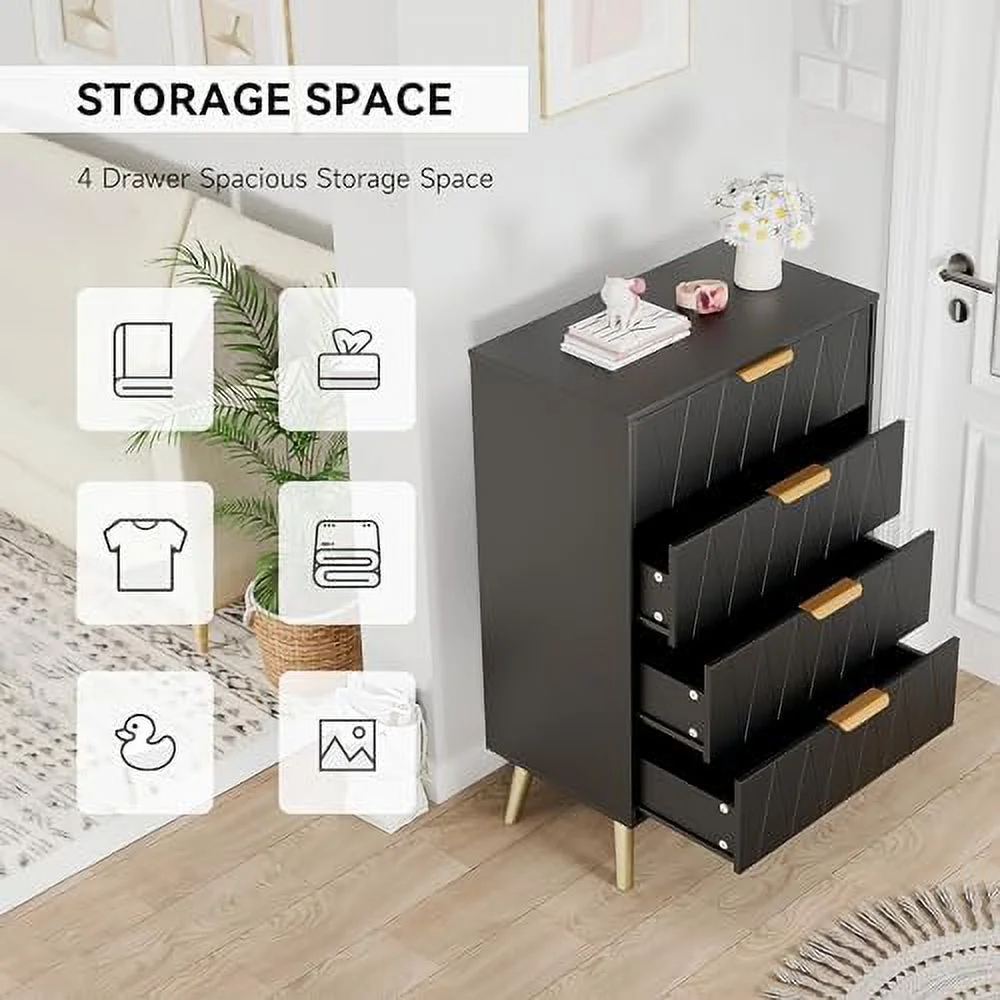 RUNFAYBIU 4 Drawer Dresser  Chest of Drawers  Modern Dresser with   Organizer Unit for Bedroom  Living Room  Hallway  Entryway  Closet(Black)