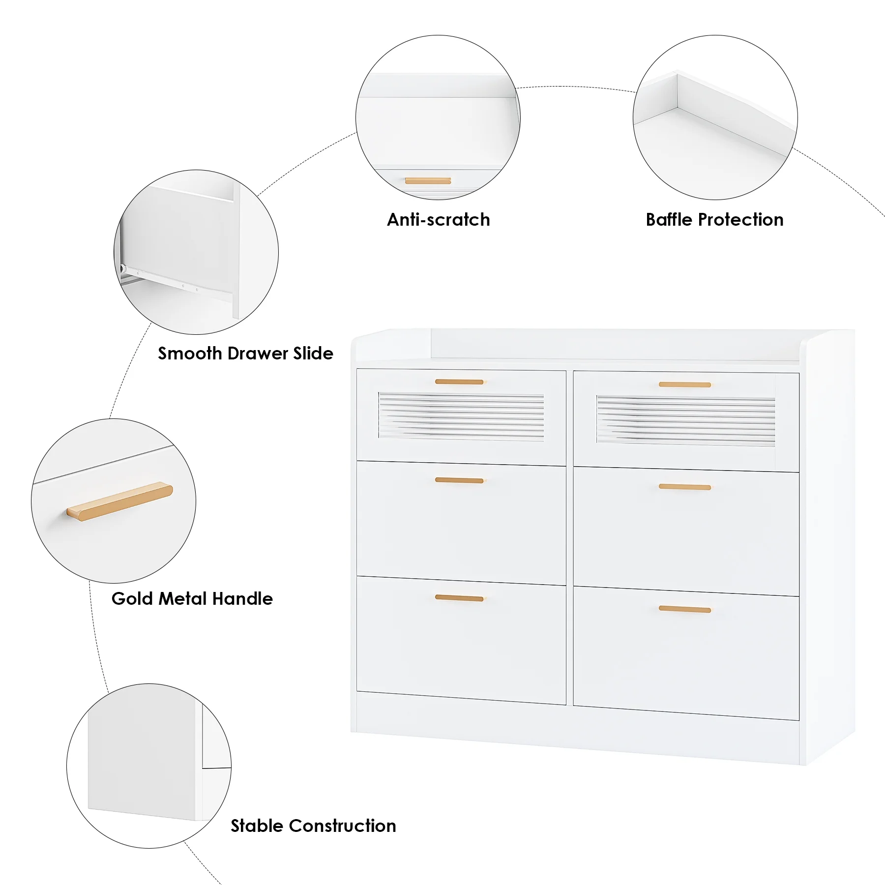 Homfa 6 Drawer Double Dresser with Fence, White Chest of Drawers with Wavy Glass, Wooden Storage Cabinet for Bedroom