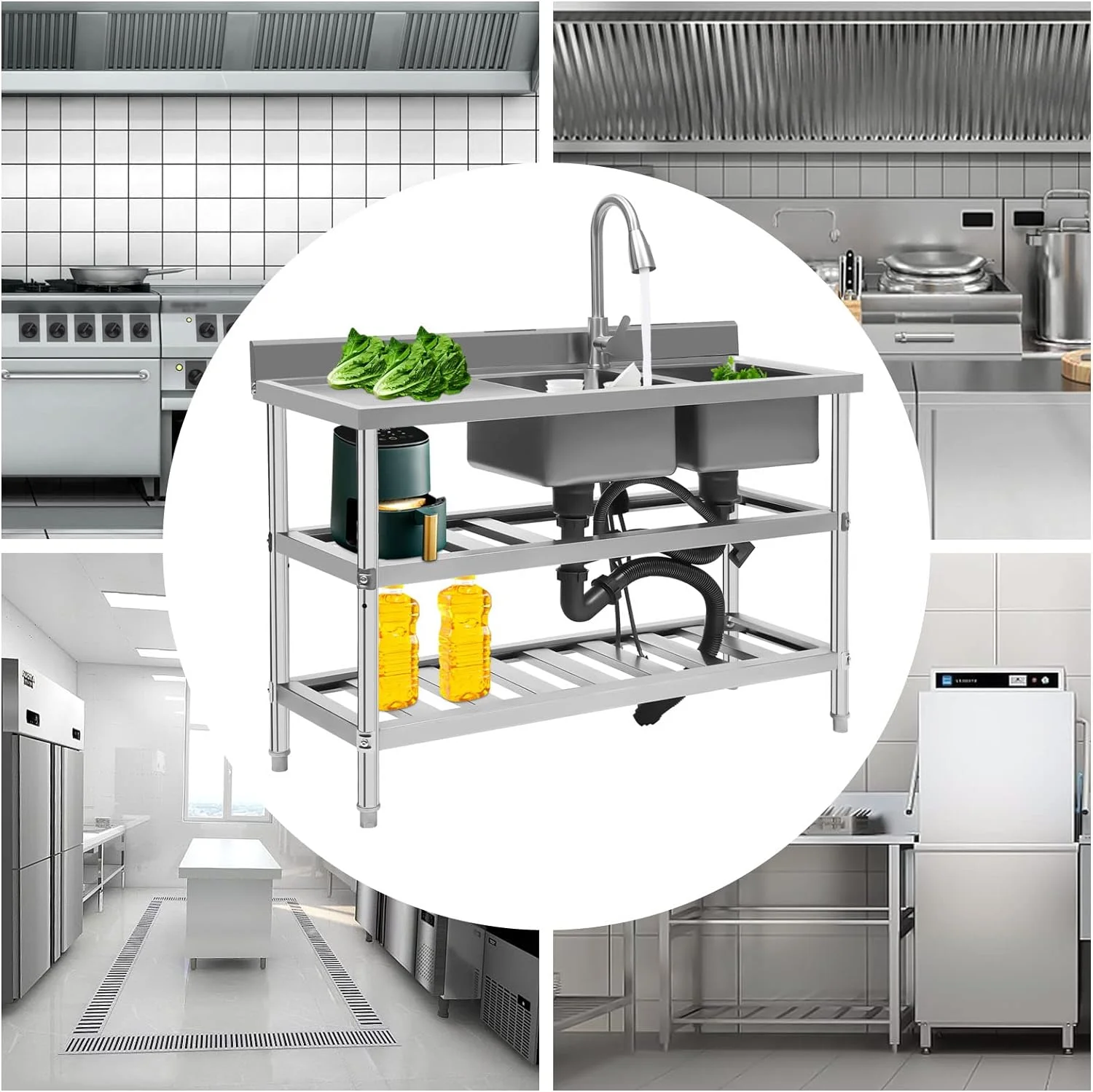 Free Standing Commercial Kitchen Sink 2 Compartment Stainless Steel Prep & Utility Sink 201 Stainless Steel Freestanding Kitchen Sink for Restaurant, Kitchen, Outdoor (Dual Bowl Style w/Baffle)