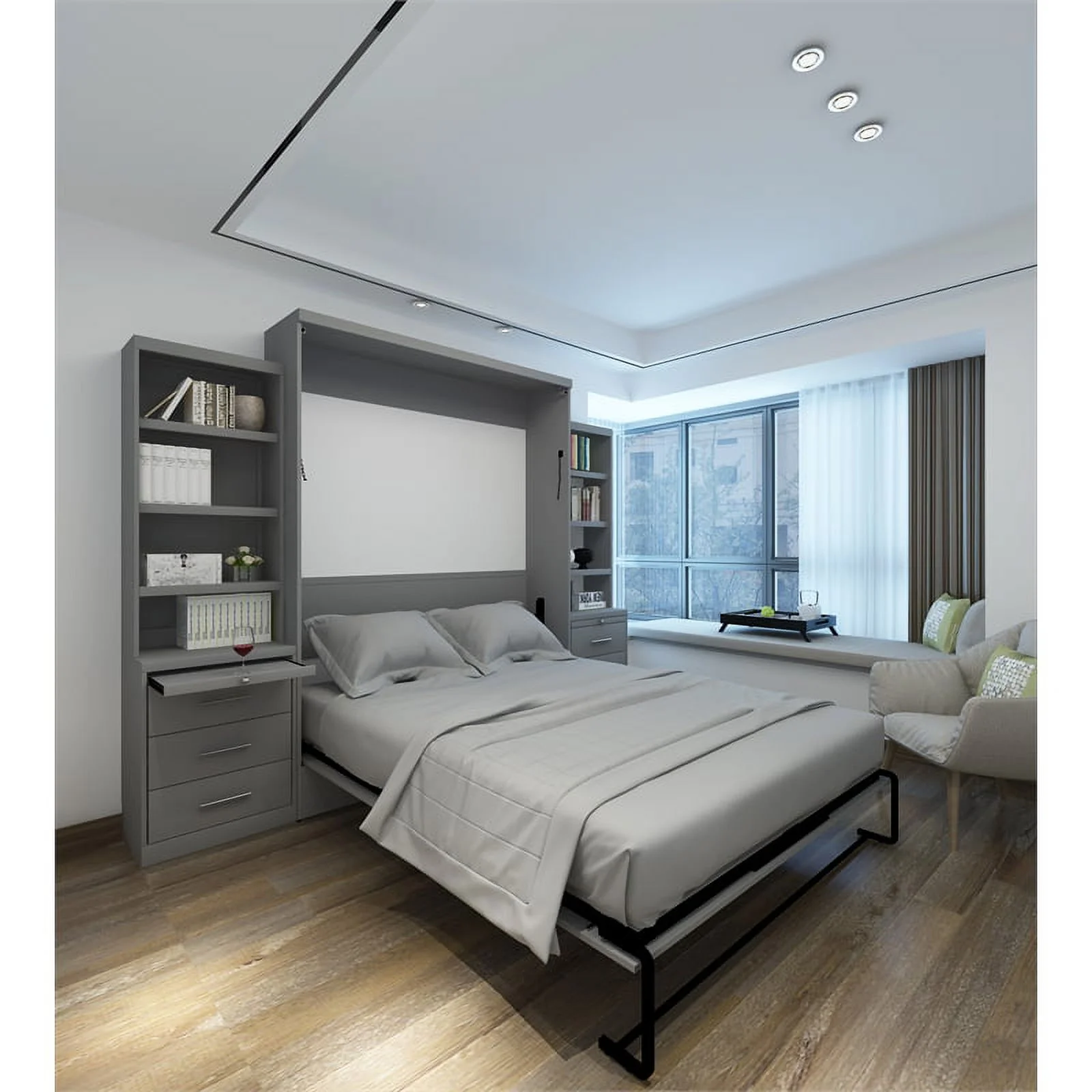 RoomAndLoft Queen Wood Murphy Wall Bed & 2 Shelf Storage Units in Gray