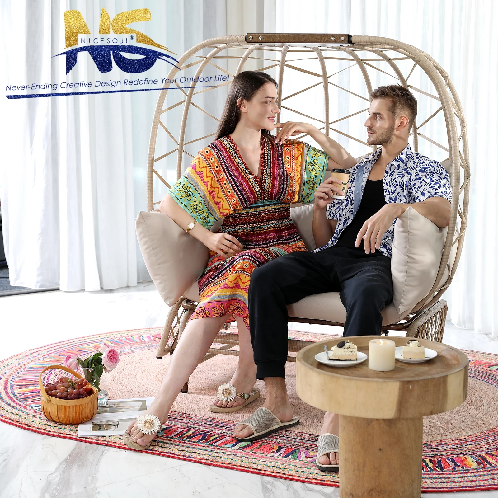 NICESOUL Double Wicker Rocking Egg Chair Indoor Outdoor Oversized Egg Basket Lounge Chair for 2 Persons with Legs, Patio Egg Chair with Thick Cushions 500lbs Egg Shaped Loveseat Bedroom(Beige)