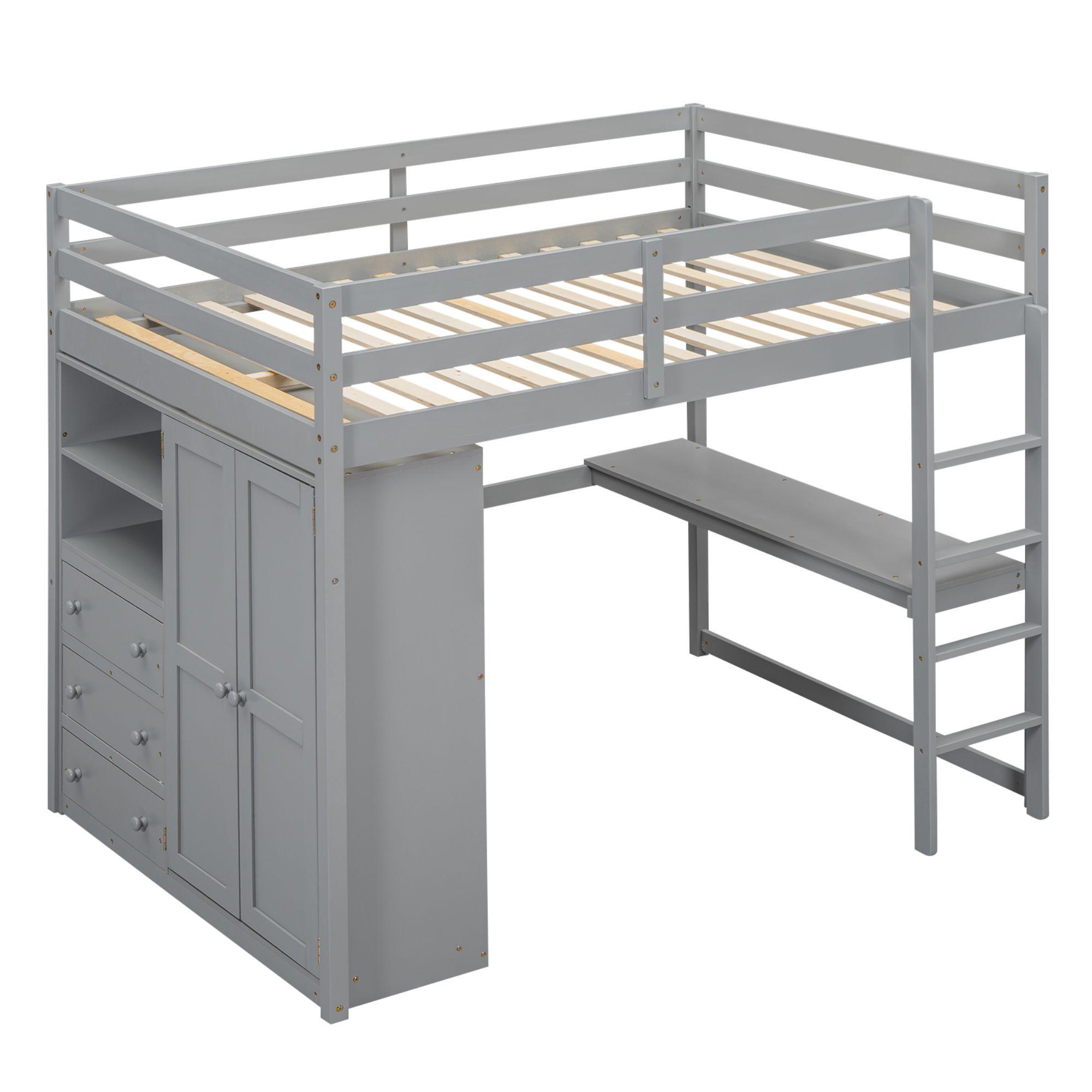 Full Size Loft Bed with Built-in Wardrobe, Desk, Storage Shelves and Drawers, Wooden Loft Beds Frame with Large Space, Wood High Loft Beds with Ladder(Gray, Full)