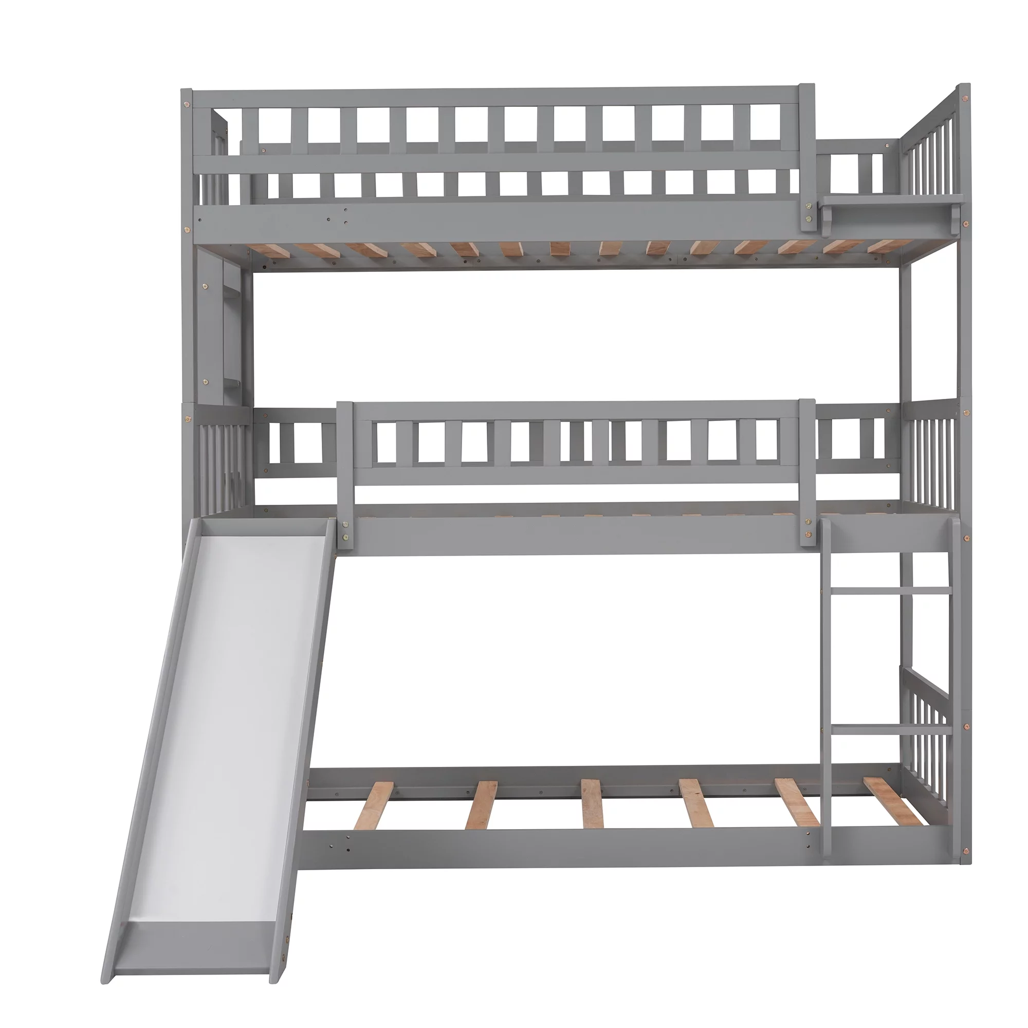 Bellemave Triple Bunk Bed with Slide, Wood Twin over Twin over Twin 3 Bunk Bed with 2 Built-In Ladders, Convertible Triple Beds for Kids, Teens, Boys & Girls (Gray)