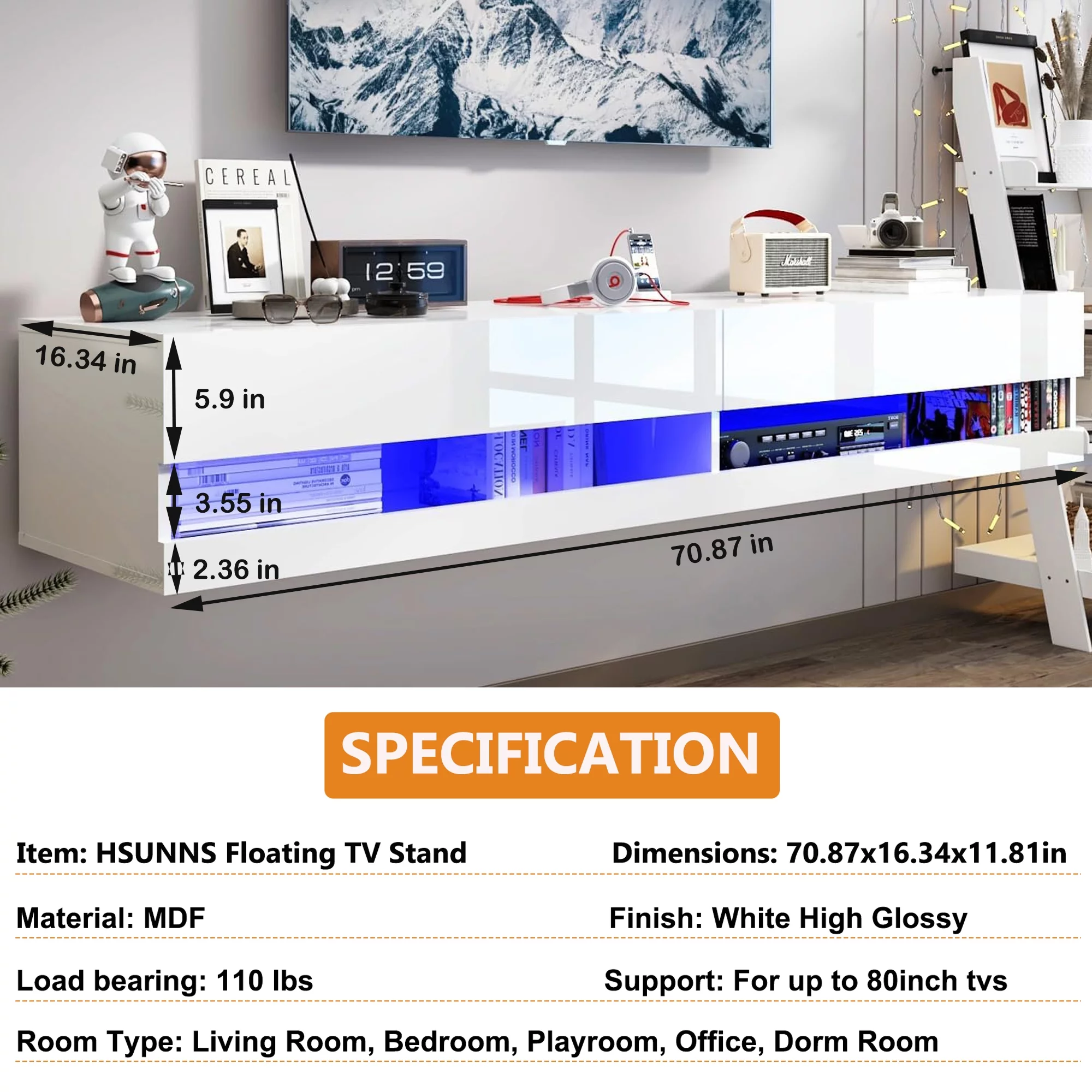 Floating TV Stand for 80 inch TVs, Paproos 71in Long LED Floating TV Cabinet, High Gloss Floating Entertainment Center with APP/Remote Control, Media Console Cabinet Living Room, White