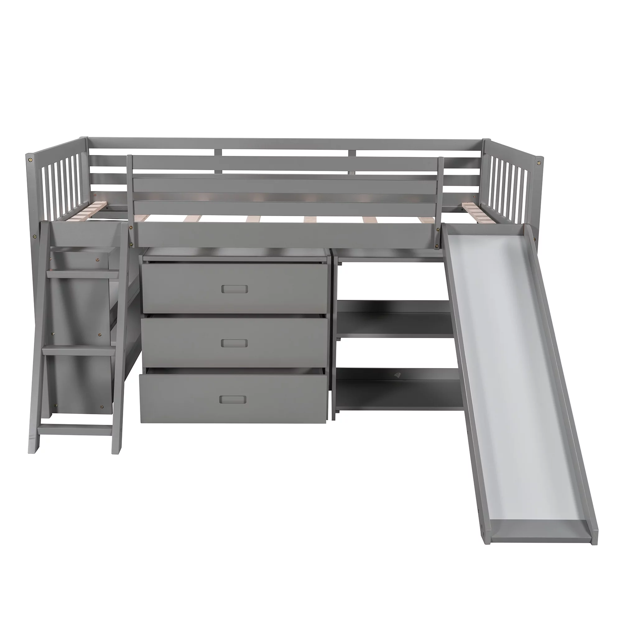 Euroco Wood Twin Size Low Loft Bed with Bookcase, Drawers, Ladder and Slide, Gray