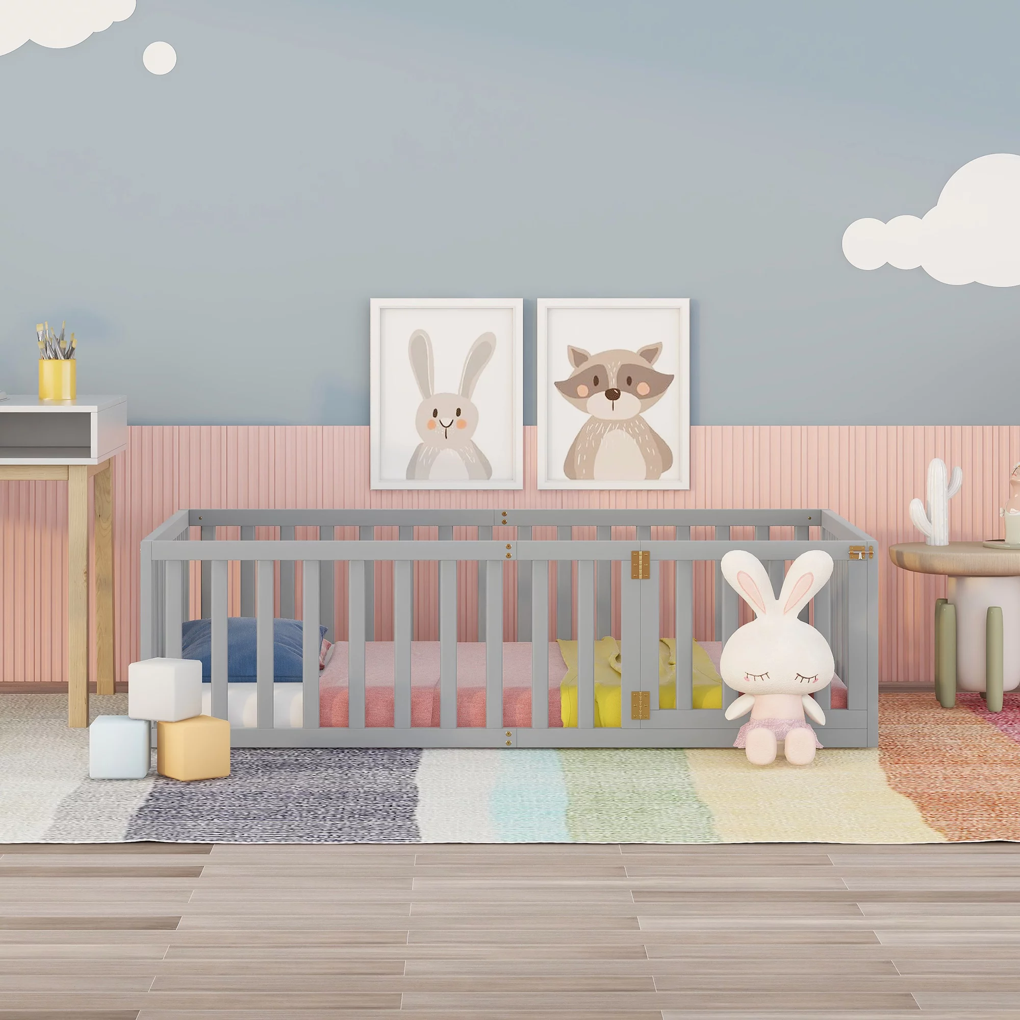 Wood Floor Bed with Fence and Door for Kids, Twin, Gray