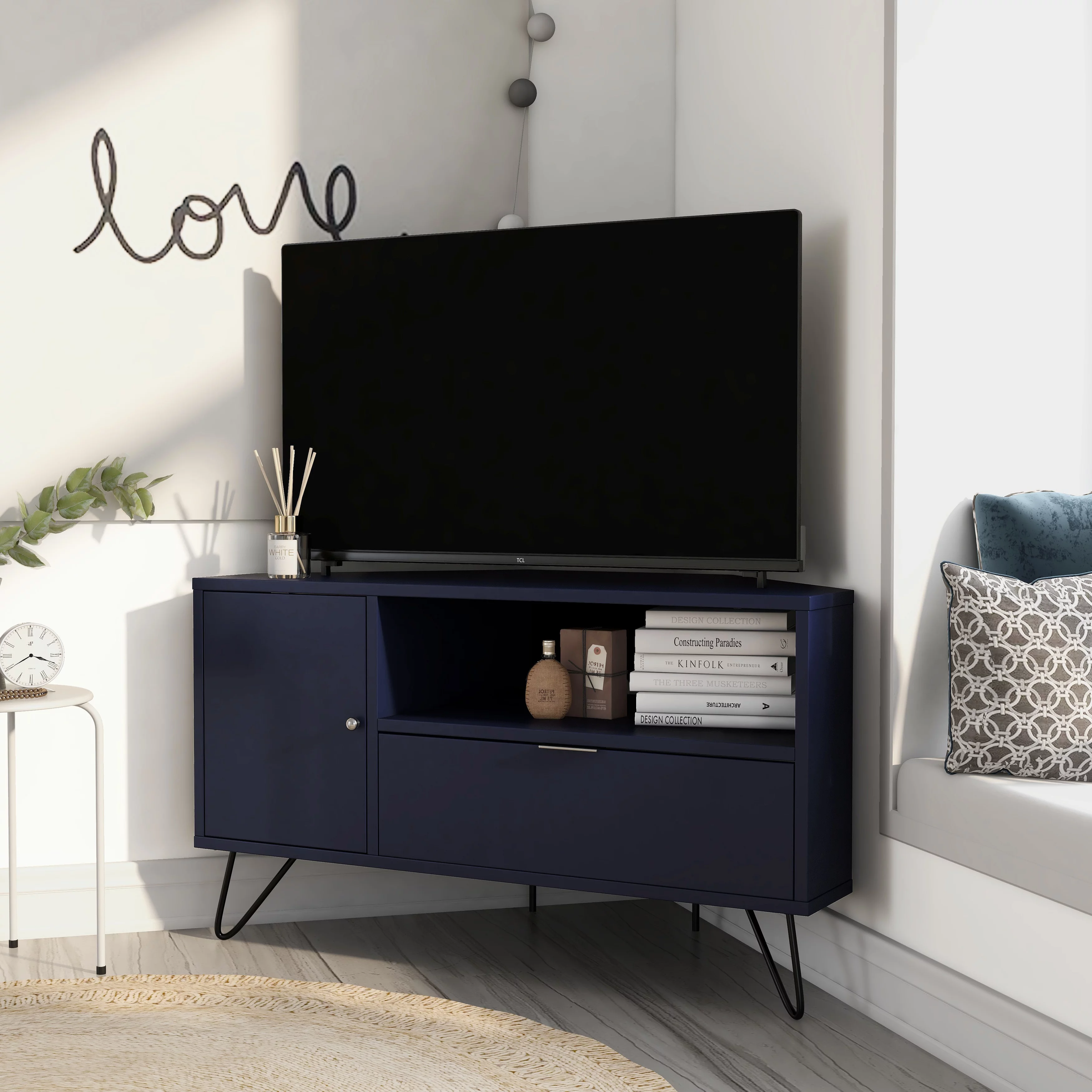 Furniture of America Talley Mid-Century Modern 41-inch 1-Open Shelf Corner TV Console by  Navy Mid-Century Modern, Preppy