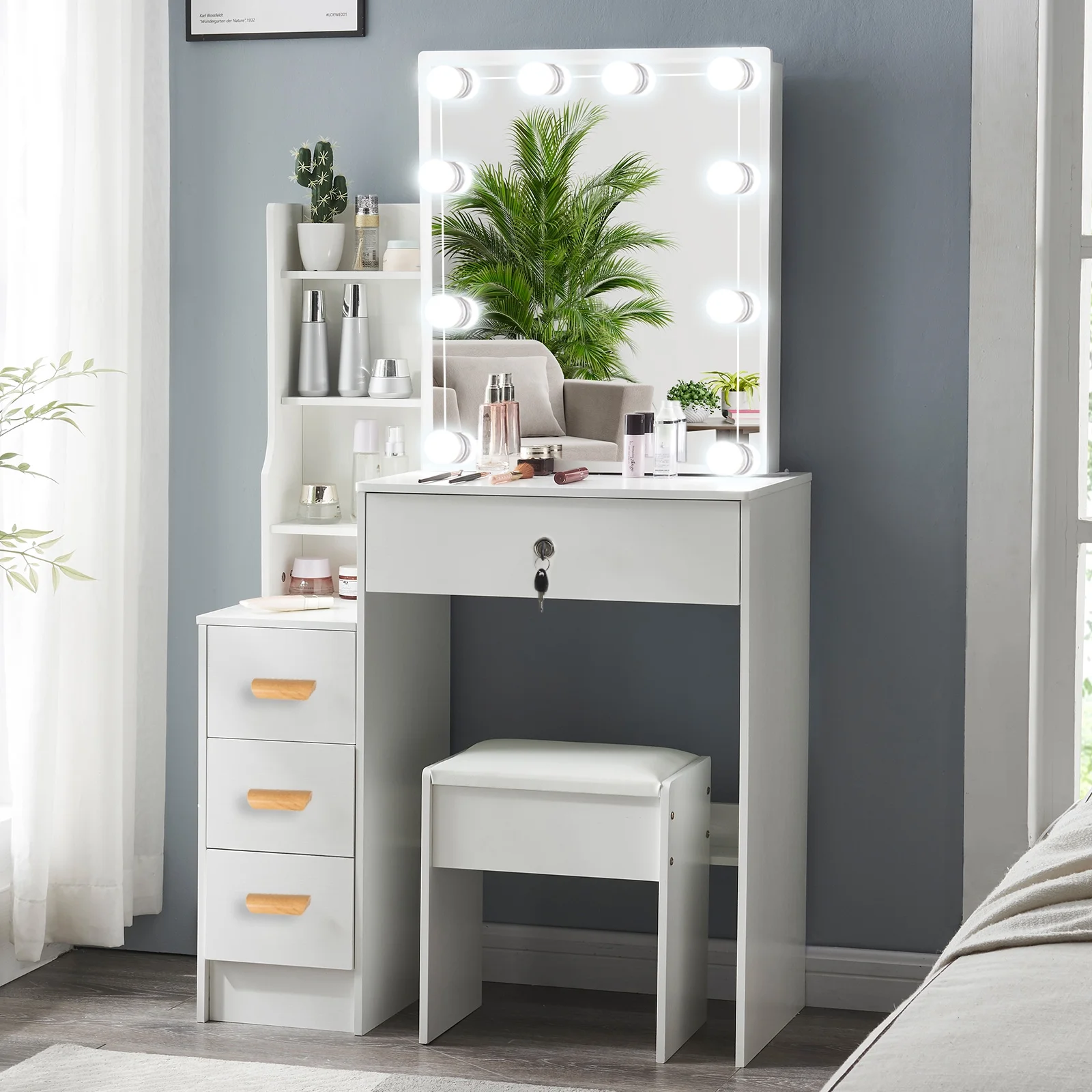 Yamissi Vanity Desk with Lighted Mirror, Makeup Dressing Table with Shelves & Drawers, Vanity Set with Mirror for Bedroom, White