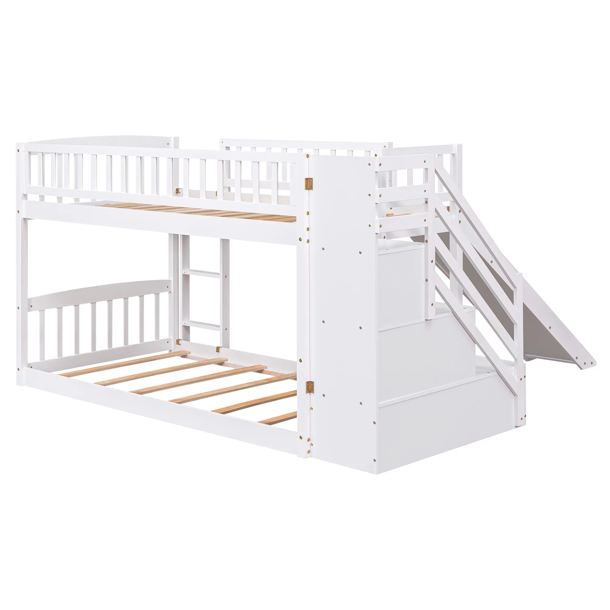 Bellemave Kids Twin Bunk Bed Frame with Slide, Twin over Twin Low Bunk Bed with Stairs and Storage Drawers, Wood Bunk Bed With Slide For Toddlers, Kids, Teens (White)