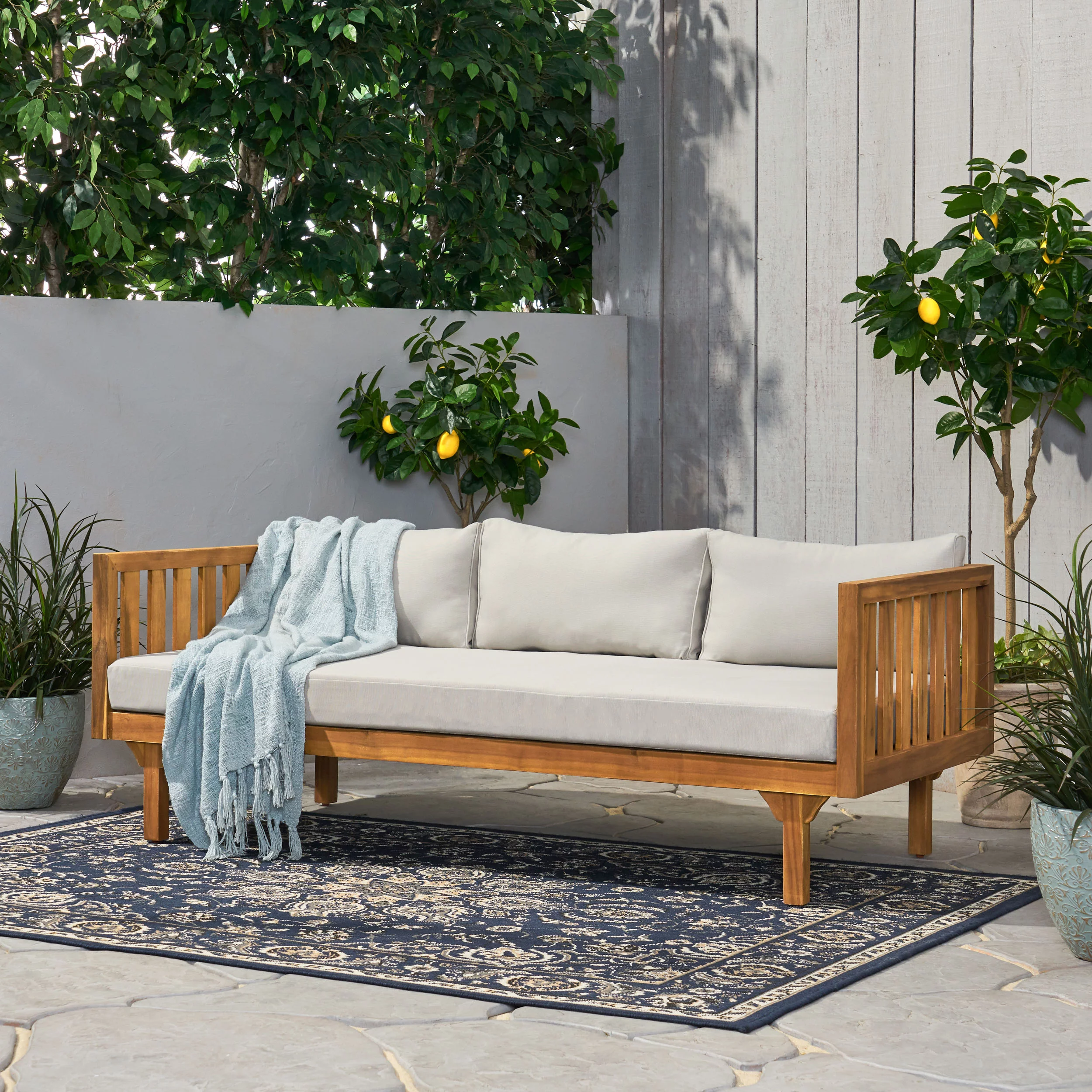 GDF Studio Bordeaux Outdoor Acacia Wood 3 Seater Daybed with Cushions, Teak and Light Gray