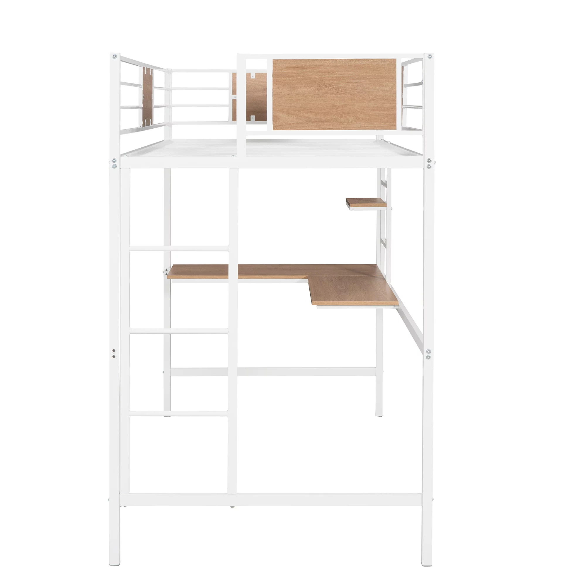 Bellemave Twin Metal Loft Bed with L-Shape Desk and Shelve,Sturdy Metal Loft Bed Frame with Guardrail for Kids,Teens,White