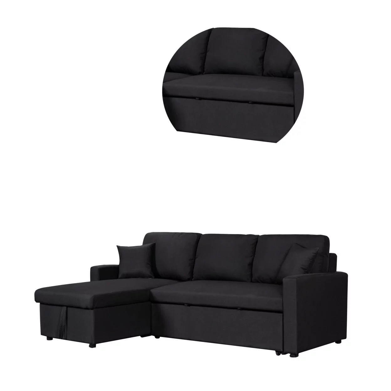Kip 82 Inch Modern Sleeper Sectional Sofa Bed with Storage Chaise, Black - Saltoro Sherpi