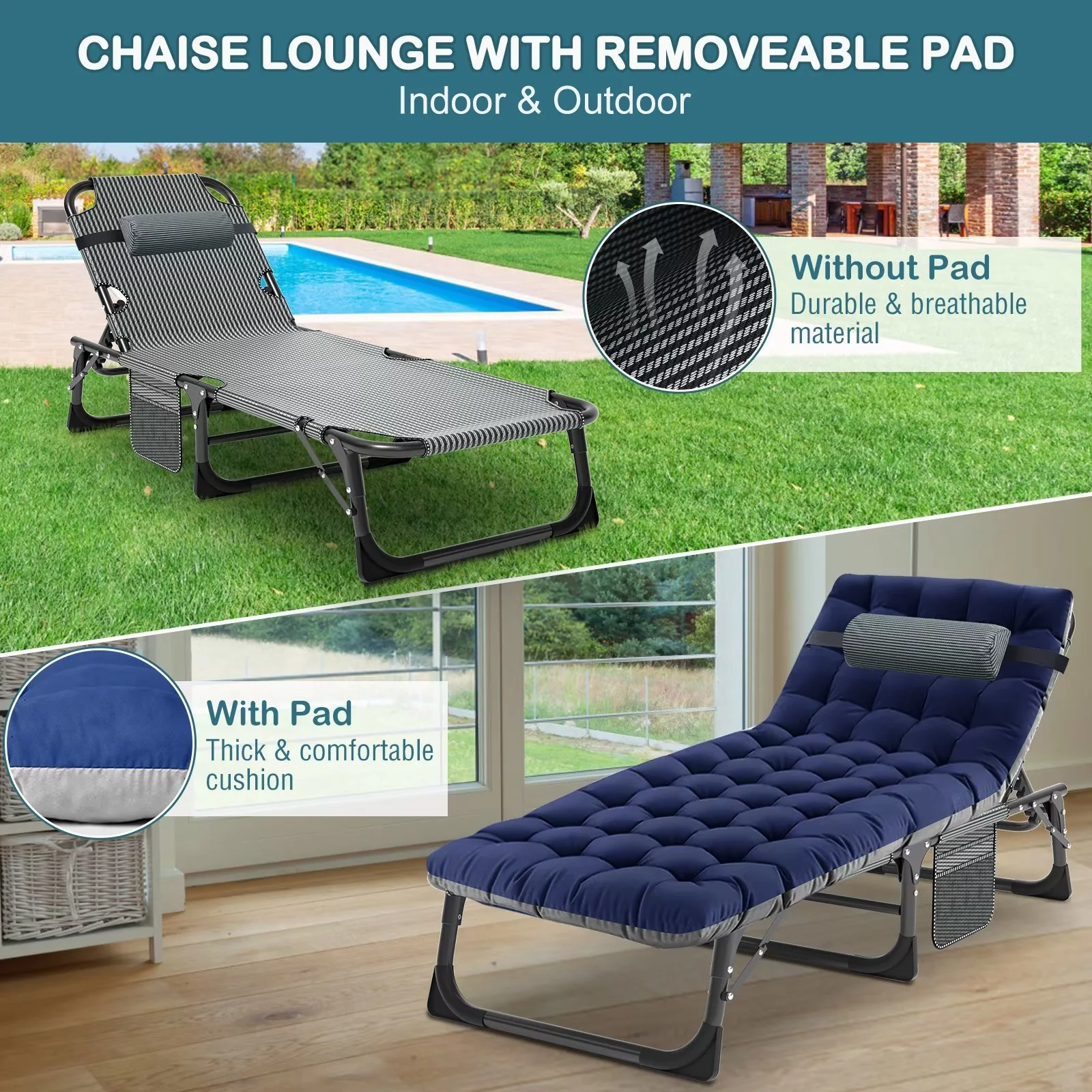 MOPHOTO Set of 2 Patio Lounge Chairs, Folding Chaise Lounge Chair 5-Position, Folding Cot, Heavy Duty Patio Chaise Lounges for Outside, Poolside, Beach, Lawn, Camping