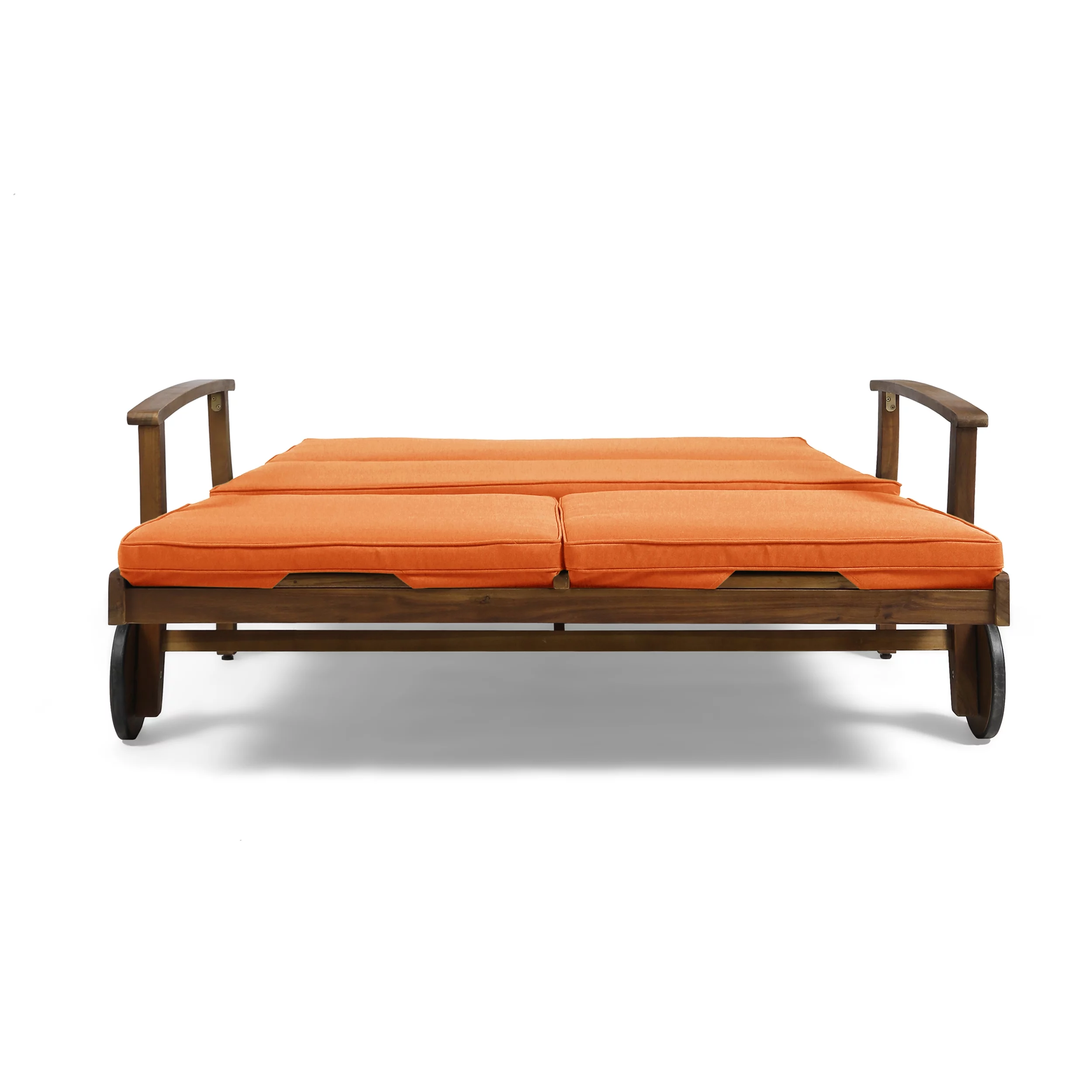 Danielle Outdoor Acacia Wood Double Chaise Lounge with Cushion, Teak, Orange