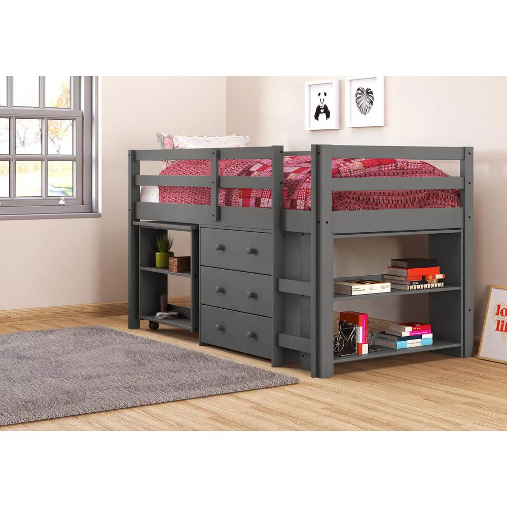 Donco Kids Twin Low Study Loft with Desk, Chest & Bookcase - Dark Grey