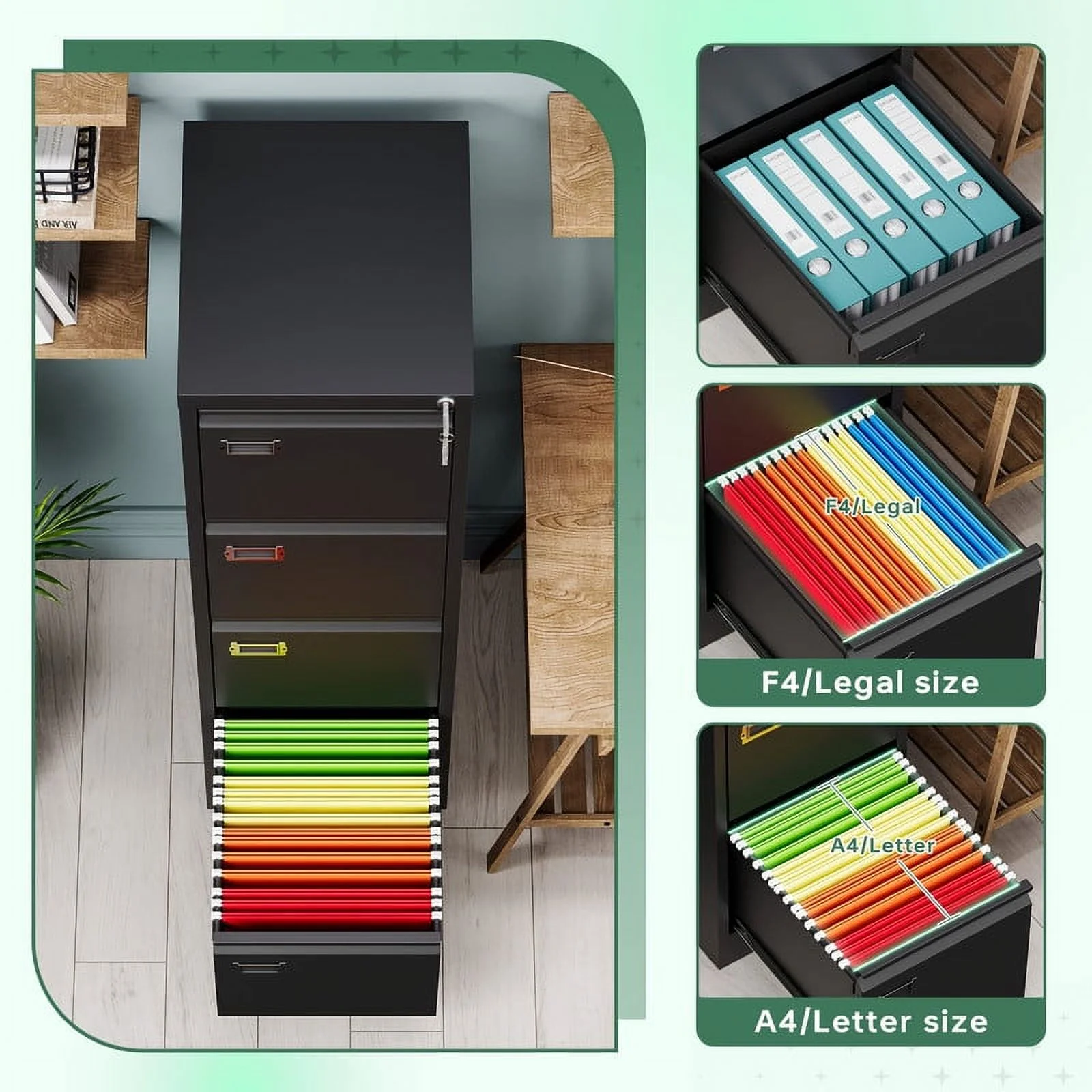 MIIIKO 4 Drawer File Cabinet,Metal Vertical Filing Cabinets with Lock,Storage A4/F4/Letter/Legal for Home Office-Assembly Required (4 Drawer-Black)