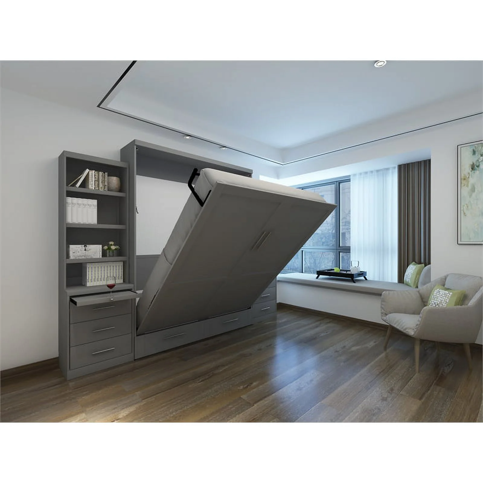 RoomAndLoft Queen Wood Murphy Wall Bed & 2 Shelf Storage Units in Gray